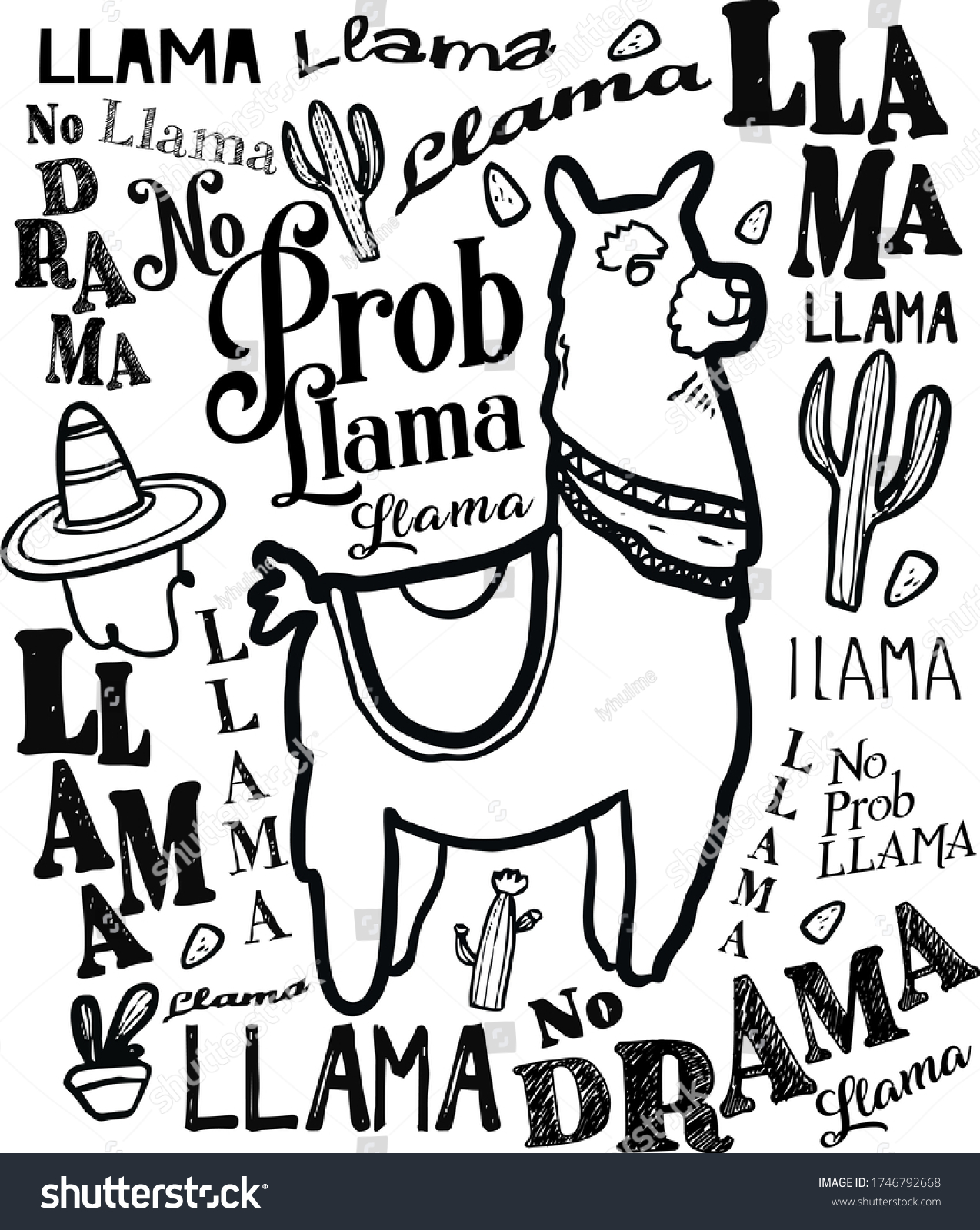 SVG of llama, prob llama, no prob llama, animal,pet animal, no drama, llama no drama, Black and white svg