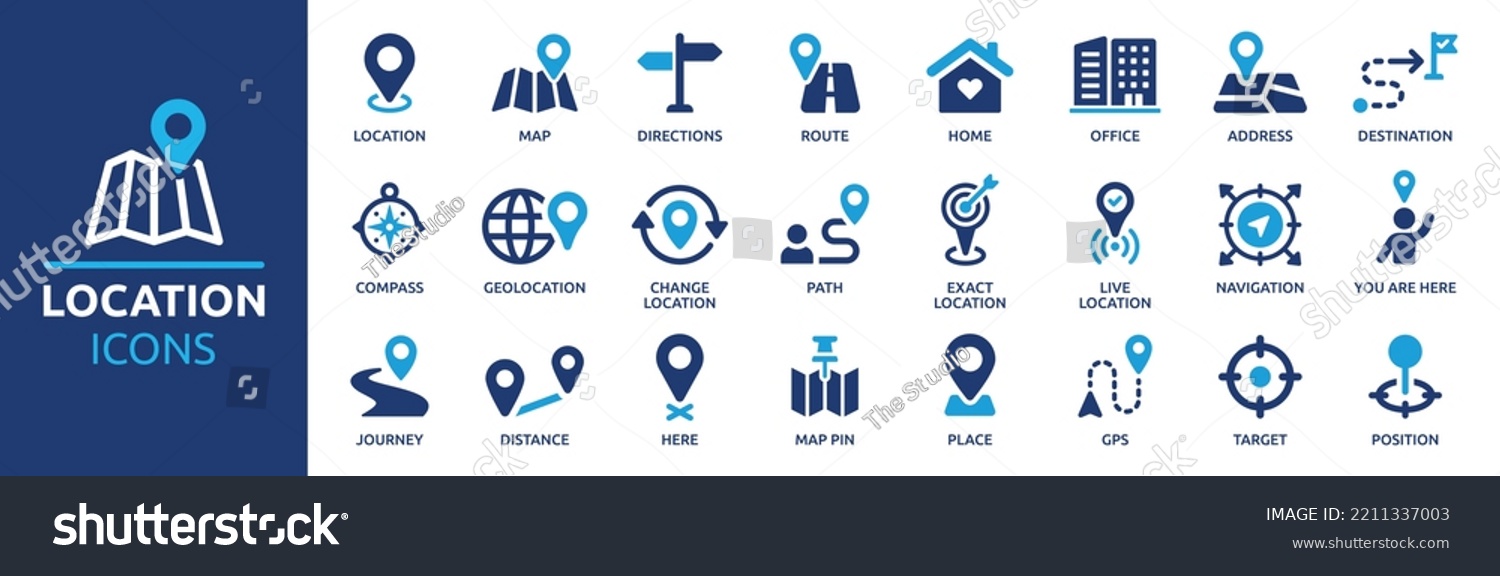 SVG of Location icon set. Containing map, map pin, gps, destination, directions, distance, place, navigation and address icons. Solid icons vector collection. svg