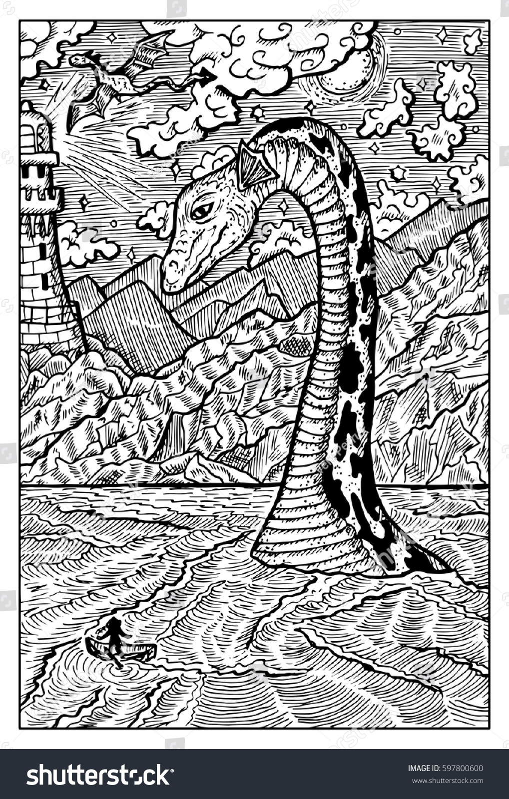 Loch Ness Lake Monster Nessie Hand drawn vector illustration Engraved line art drawing