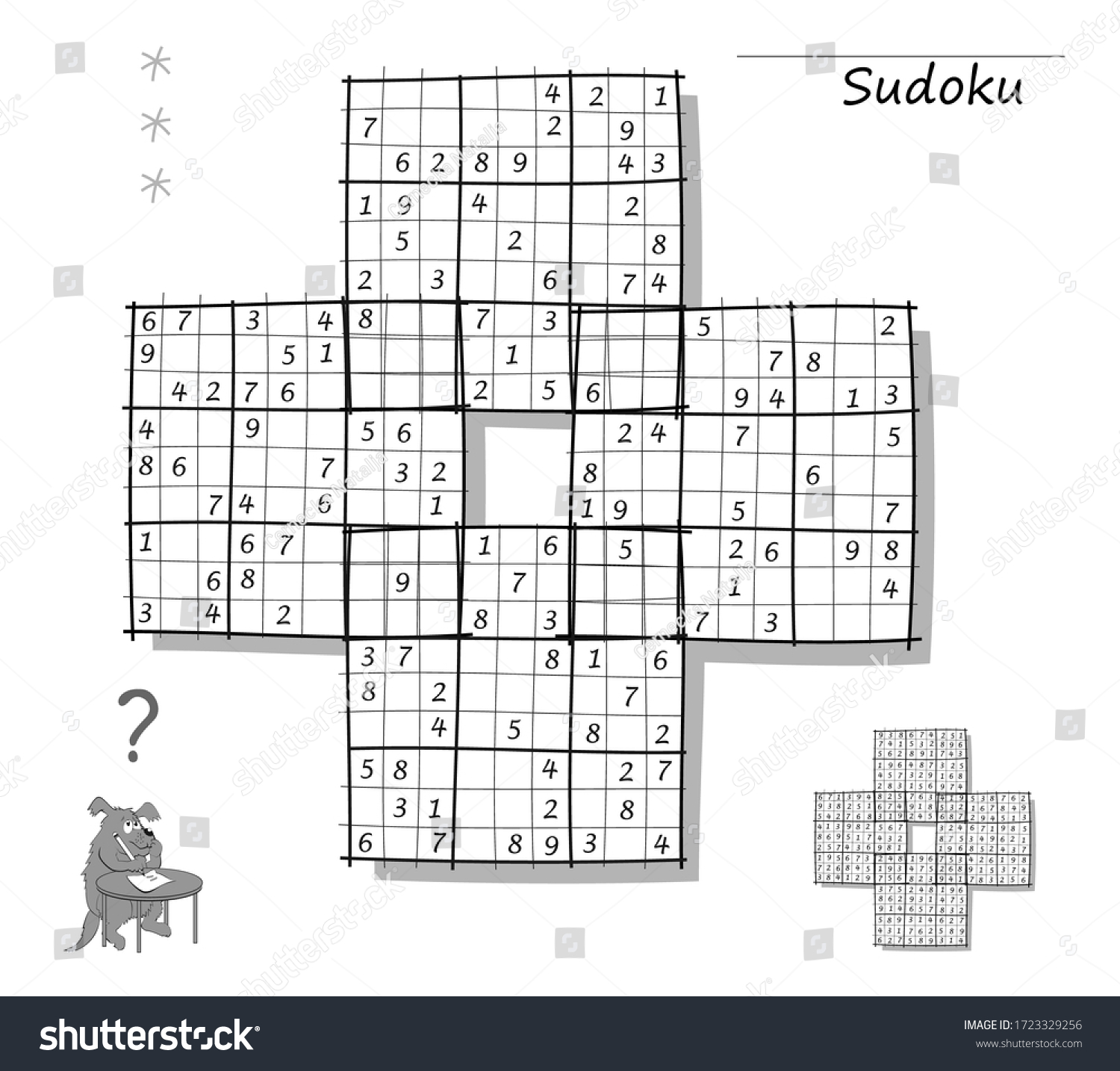 SVG of Logic Sudoku game for children and adults. Big size puzzle with 4 squares, difficult level. Printable page for kids brain teaser book. Developing counting skills. IQ test. Black and white vector. svg