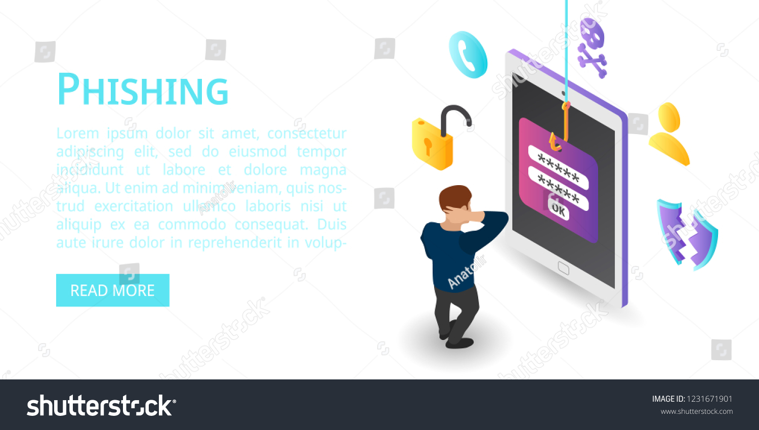 Login Password Phishing Banner Isometric Illustration Stock Vector ...