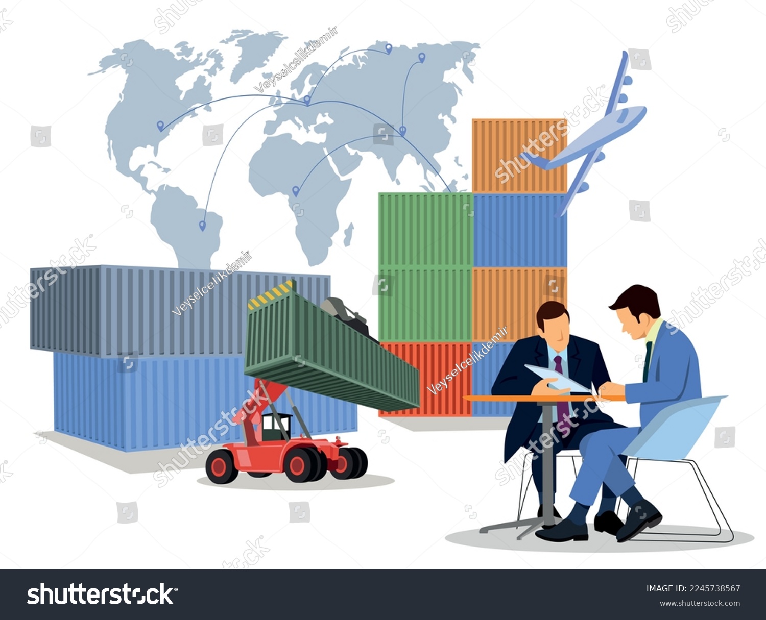SVG of Logistics and shipping of container truck at ship port for business Container Cargo ship and cargo plane with crane bridge working at shipyard at sunrise, logistics import export and shipping svg