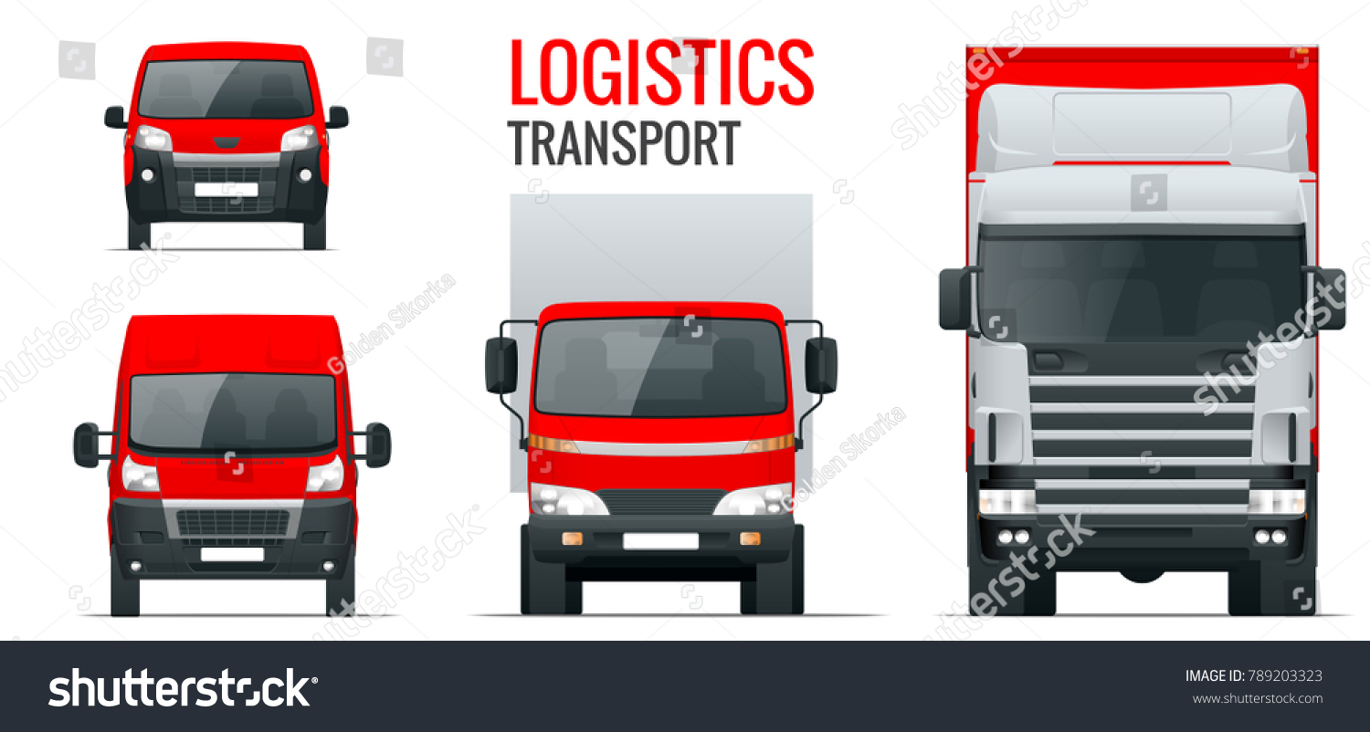 SVG of Logistics transport. Front view truck trailer, Semi truck, cargo delivery, van and minivan. Blank Freight delivery trucks. Isolated cargo vehicle set on white. svg