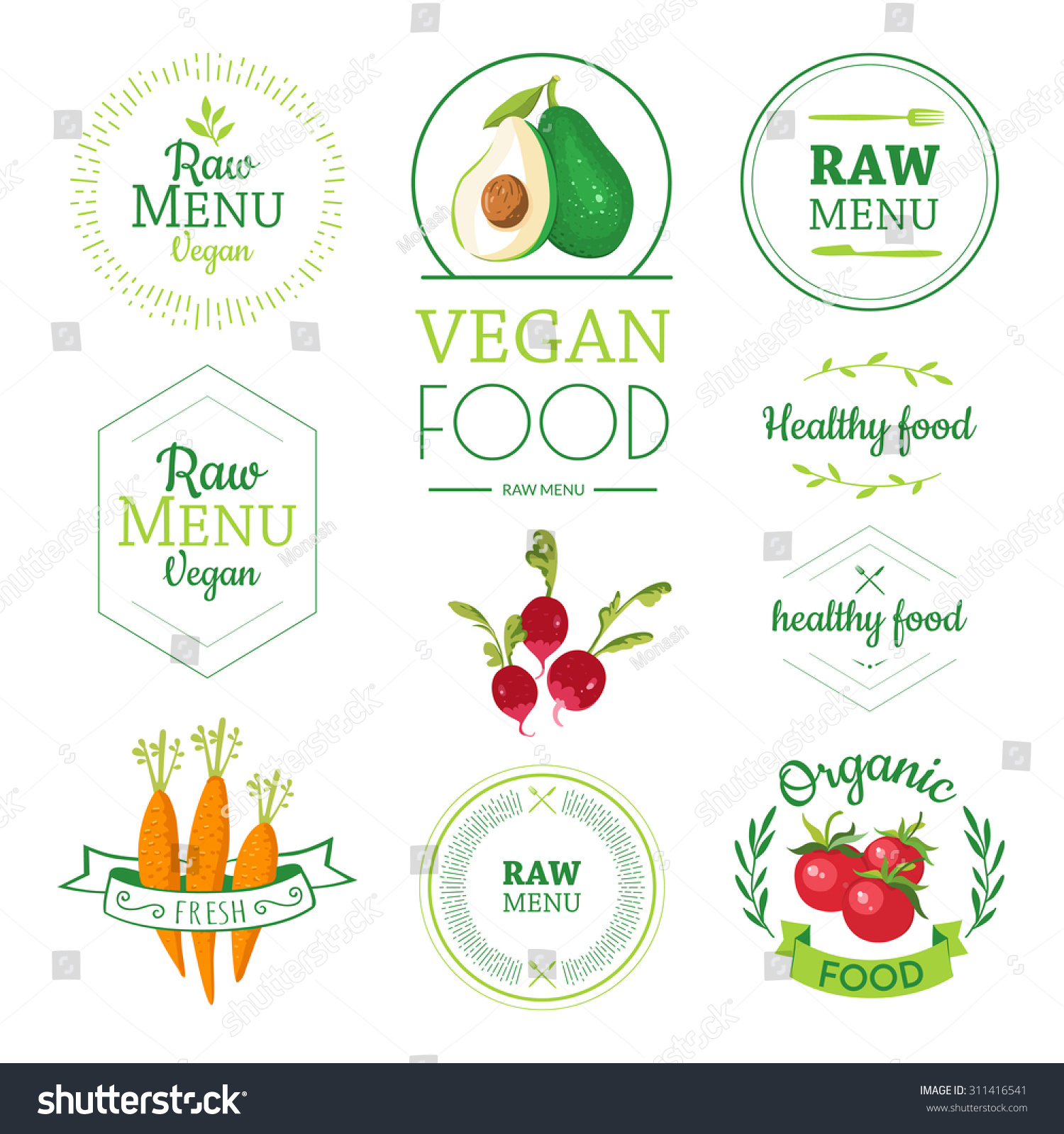 Logos With Vegetarian And Useful Meal. Raw Food Diet. Healthy Lifestyle ...