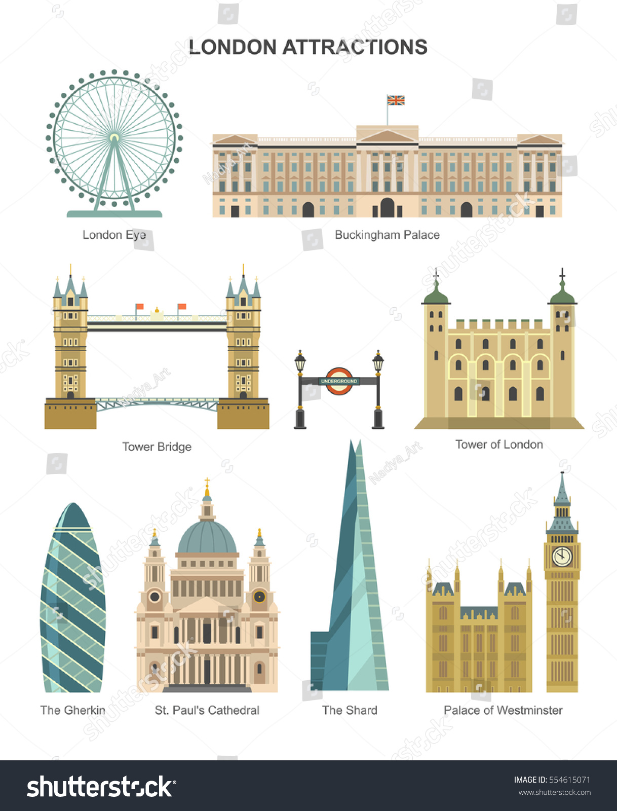 SVG of London architecture. Vector collection of London attractions, such as London Eye, Tower of London, The Shard, Buckingham Palace, Tower Bridge. Isolated on white. svg