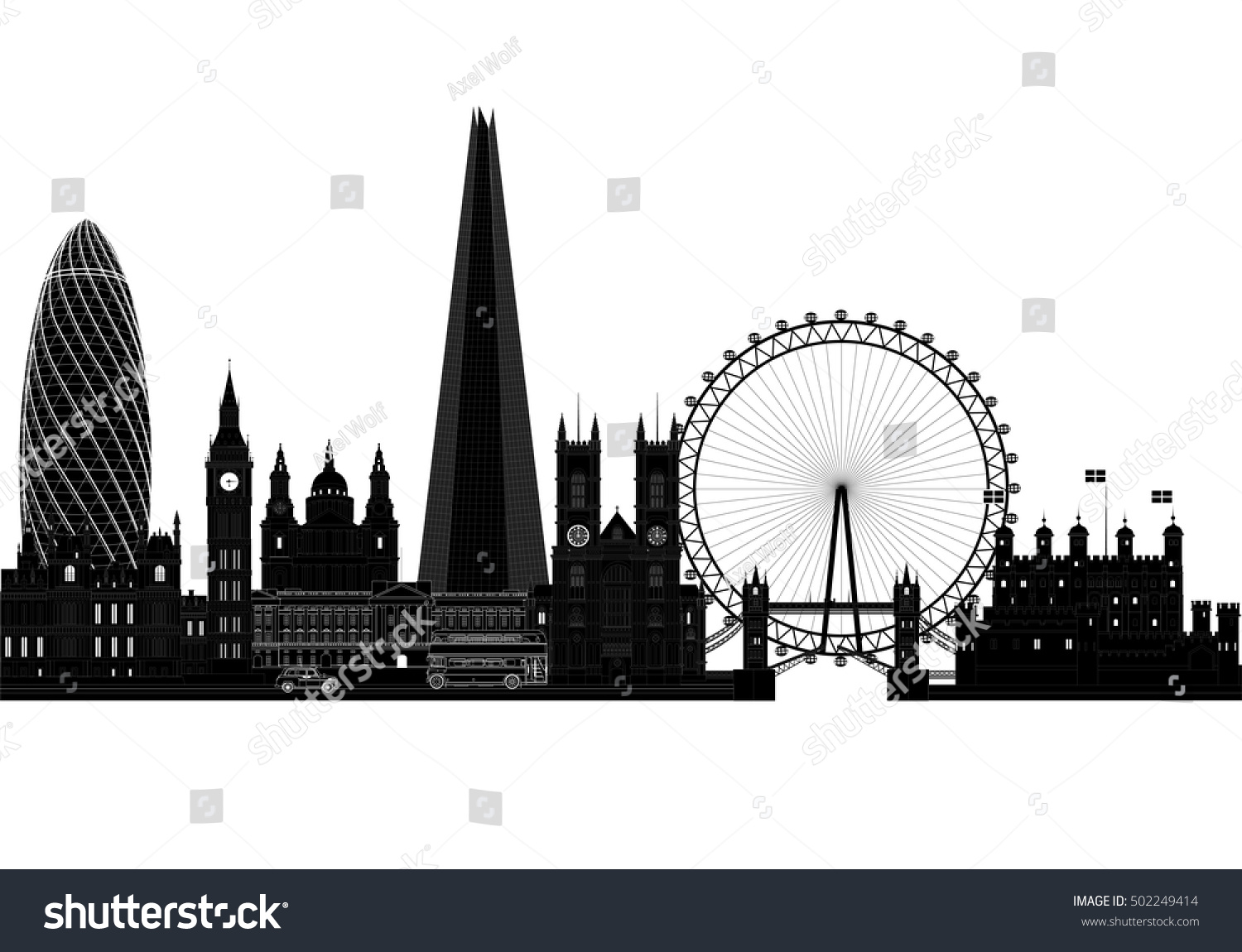 ロンドンの都市の天窓シルエット 背景にベクターイラスト 白い背景に のベクター画像素材 ロイヤリティフリー