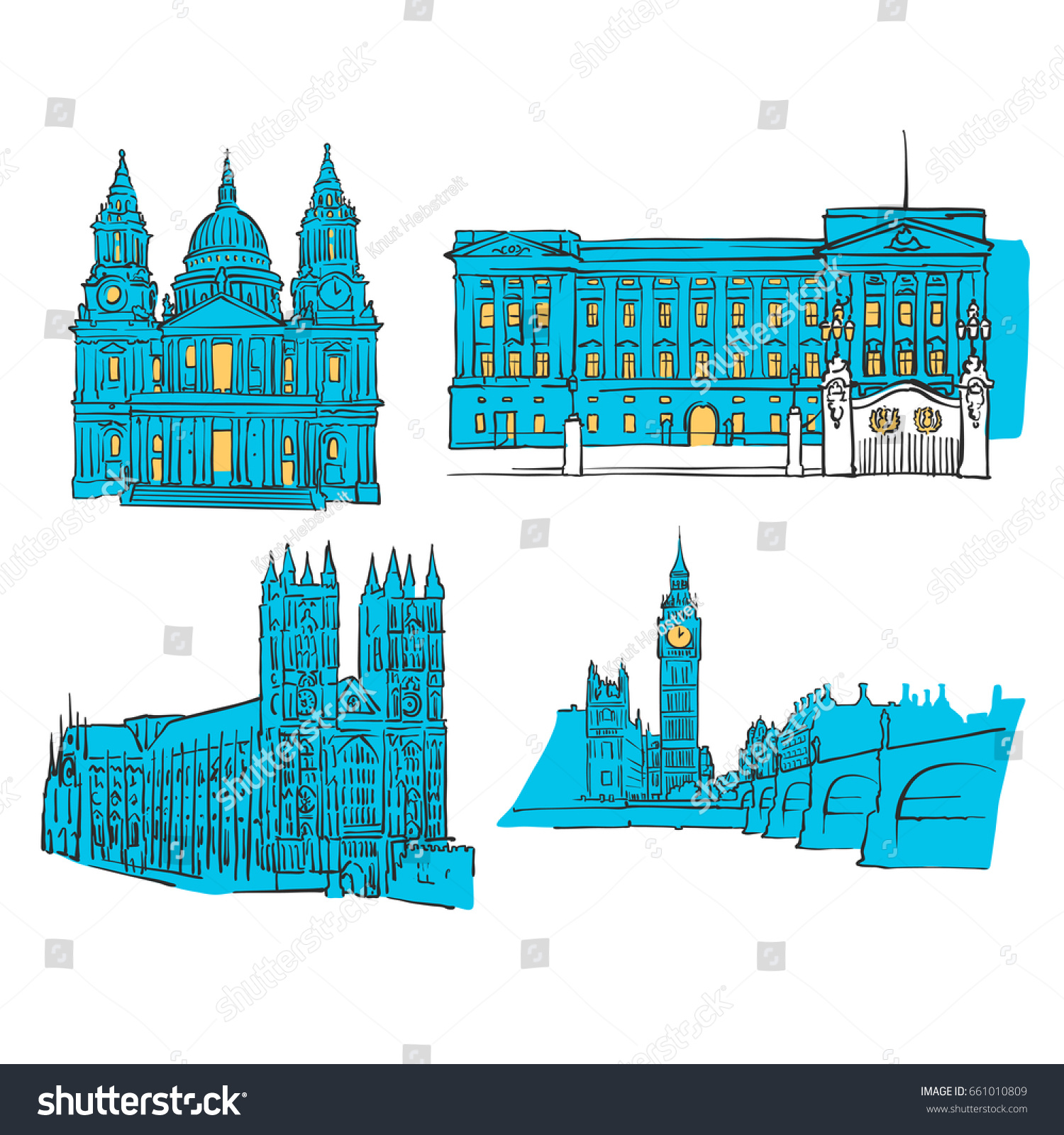 SVG of London Colored Landmarks, Scalable Vector Monuments. Filled with Blue Shape and Yellow Highlights.  svg