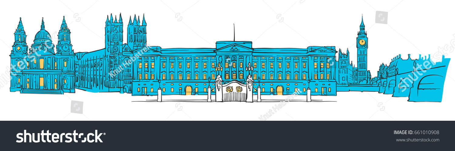 SVG of London Colored Panorama, Filled with Blue Shape and Yellow Highlights. Scalable Urban Cityscape Vector Illustration  svg