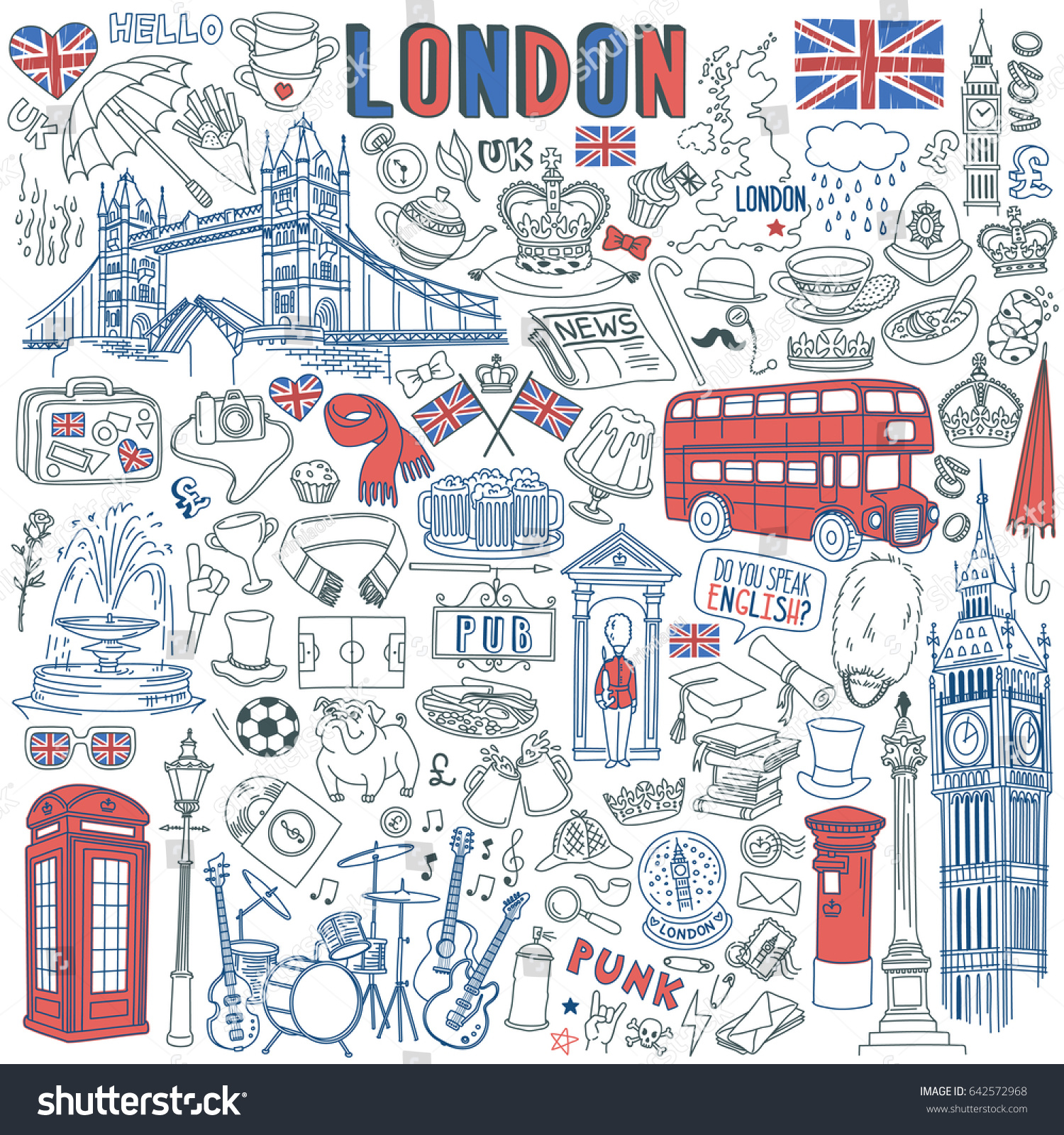 London Doodle Set Landmarks Architecture Traditional Stock Vector