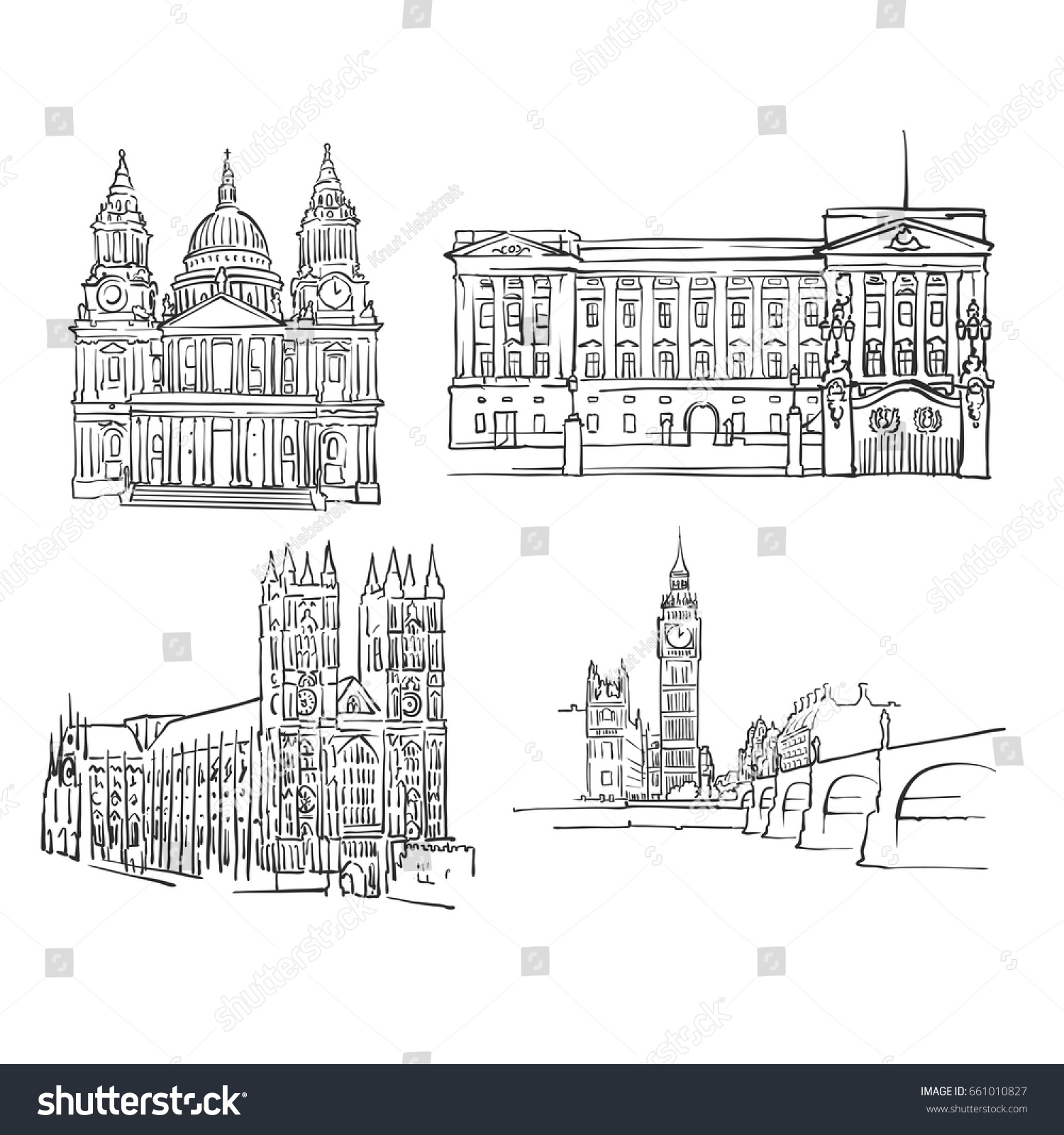 SVG of London Famous Buildings, Monochrome Outlined Travel Landmarks, Scalable Vector Illustration svg