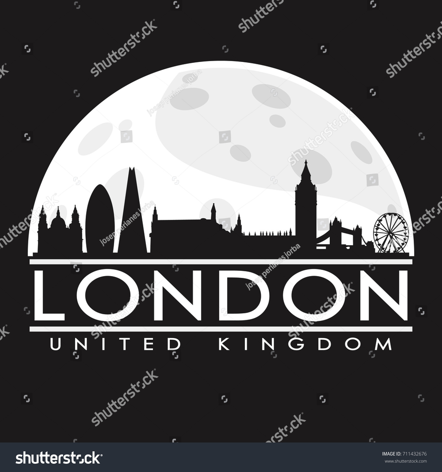 London Full Moon Night Skyline Silhouette Stock Vector Royalty Free