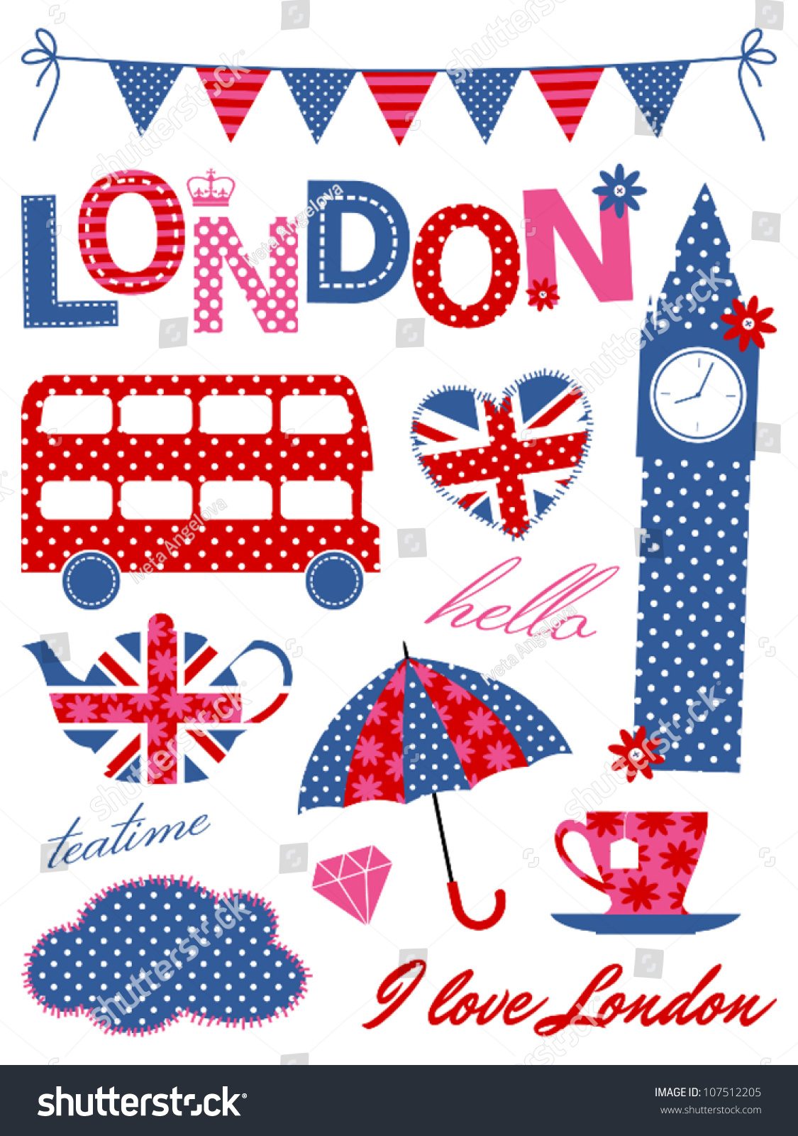 SVG of London scrapbook elements in blue, red and pink. svg