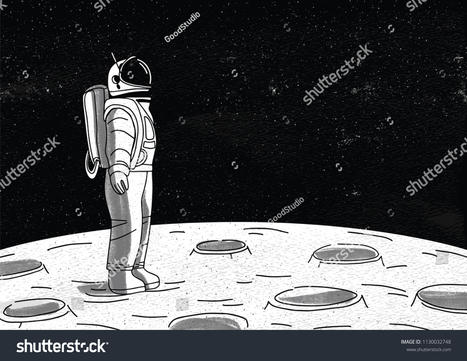 月面に立ち 星だらけの空間を見る宇宙服を着た孤独な宇宙飛行士 ミッション中に惑星や天体を探索する宇宙飛行士 白黒の手描きのベクターイラスト のベクター画像素材 ロイヤリティフリー