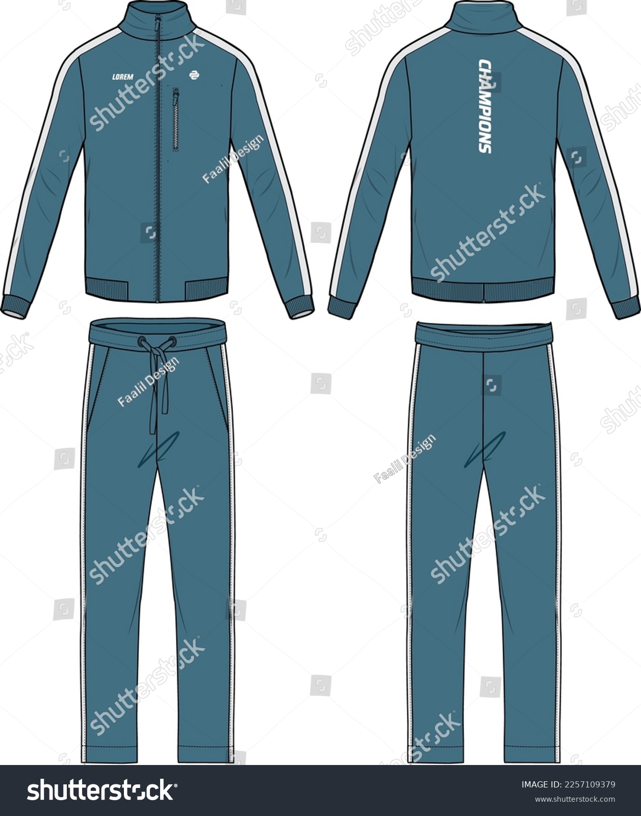 SVG of Long sleeve track suit jacket sweatshirt with jogger track bottom design flat sketch Illustration, running jacket with sweat pant front and back view, winter jacket for Men and women. Winter outerwear svg