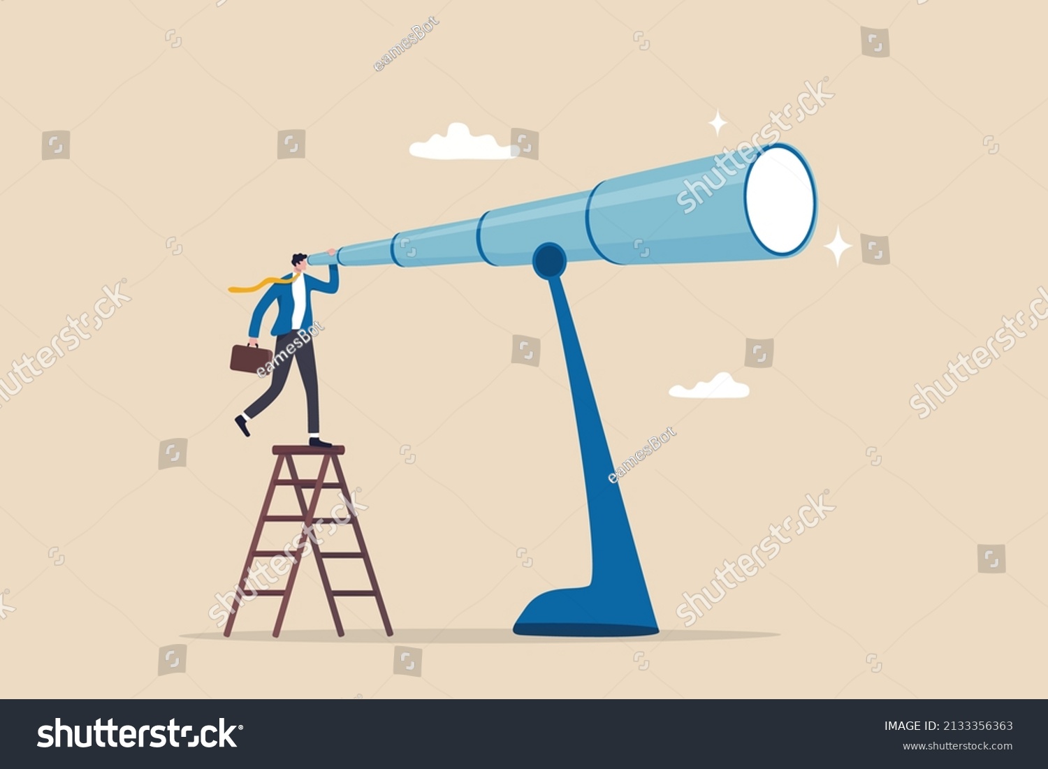 SVG of Long term plan or business strategy for far future, looking for opportunity, forecast and visionary, discover long term goal concept, businessman looking through oversized long telescope to see future svg