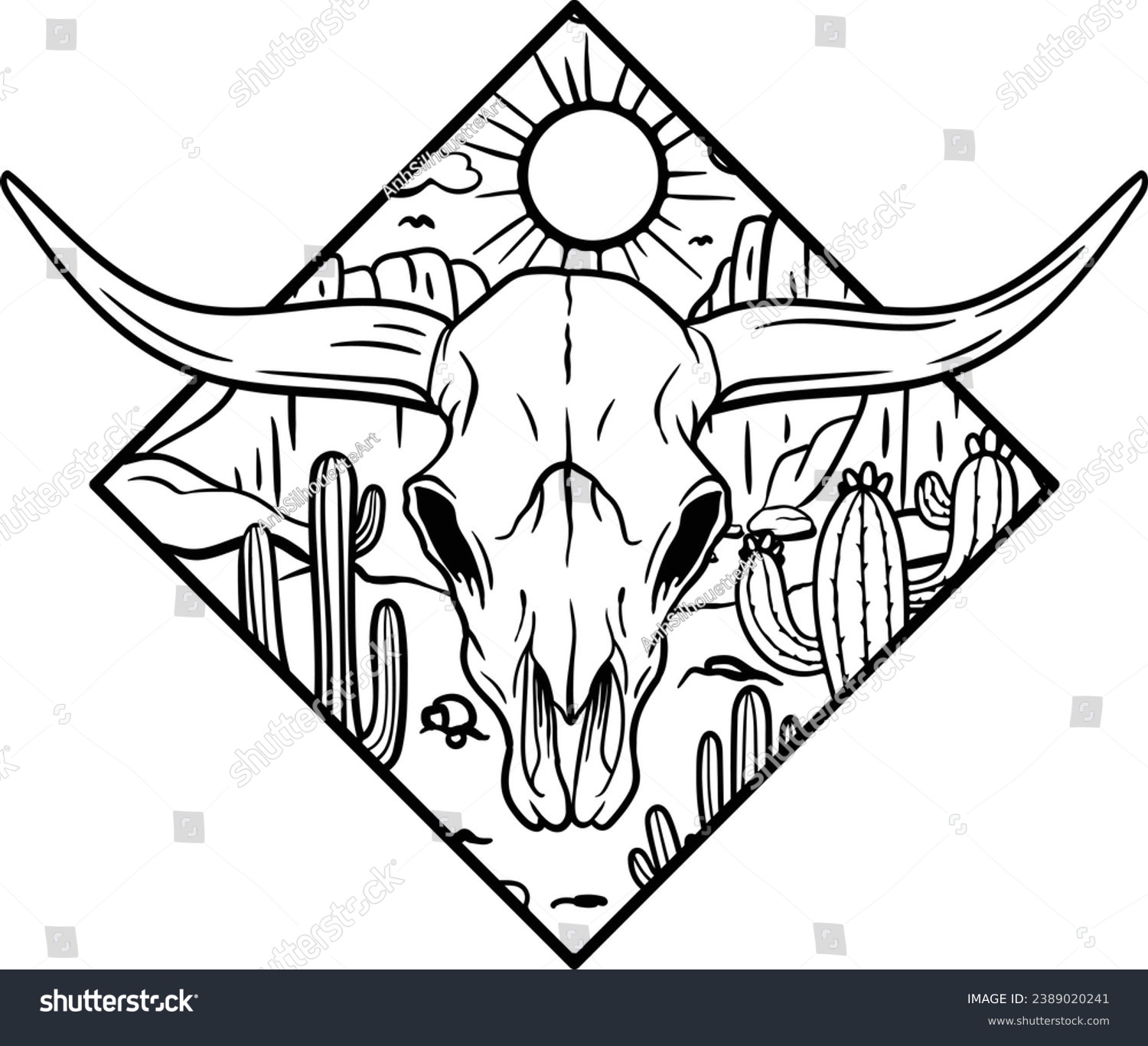 SVG of Longhorn Cow Skull, Bull Skull, Hand Drawn Texas Skull, Western, Desert Cow Skull, Laser Cut File, Silhouette  svg