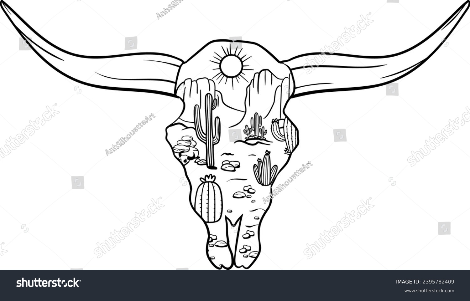 SVG of Longhorn Cow Skull, Desert Bull Skull, Hand Drawn Texas Skull, Western, Laser Cut File, Cow Skull Silhouette svg