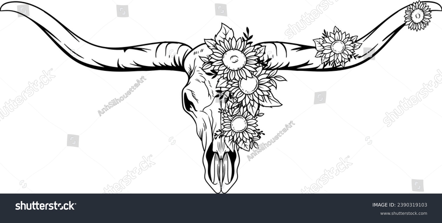 SVG of Longhorn Cow Skull With Flower, Bull Skull Flower, Hand Drawn Texas, Western, Laser Cut File, Cow Skull Silhouette svg