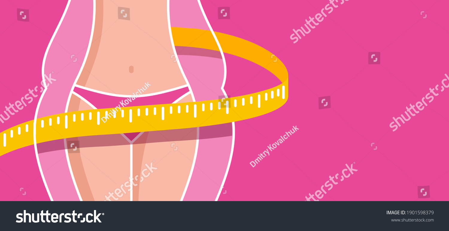 SVG of Losing weight banner template - diet, fitness or liposaction picture with copy space - fat woman body and slim figure with measuring tape - conceptual vector illustration svg