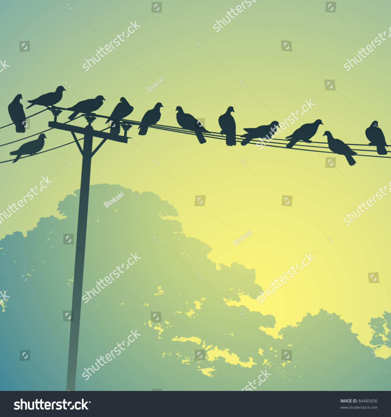 Lots Of Birds On Telephone Lines Stock Vector Illustration 84485656 ...