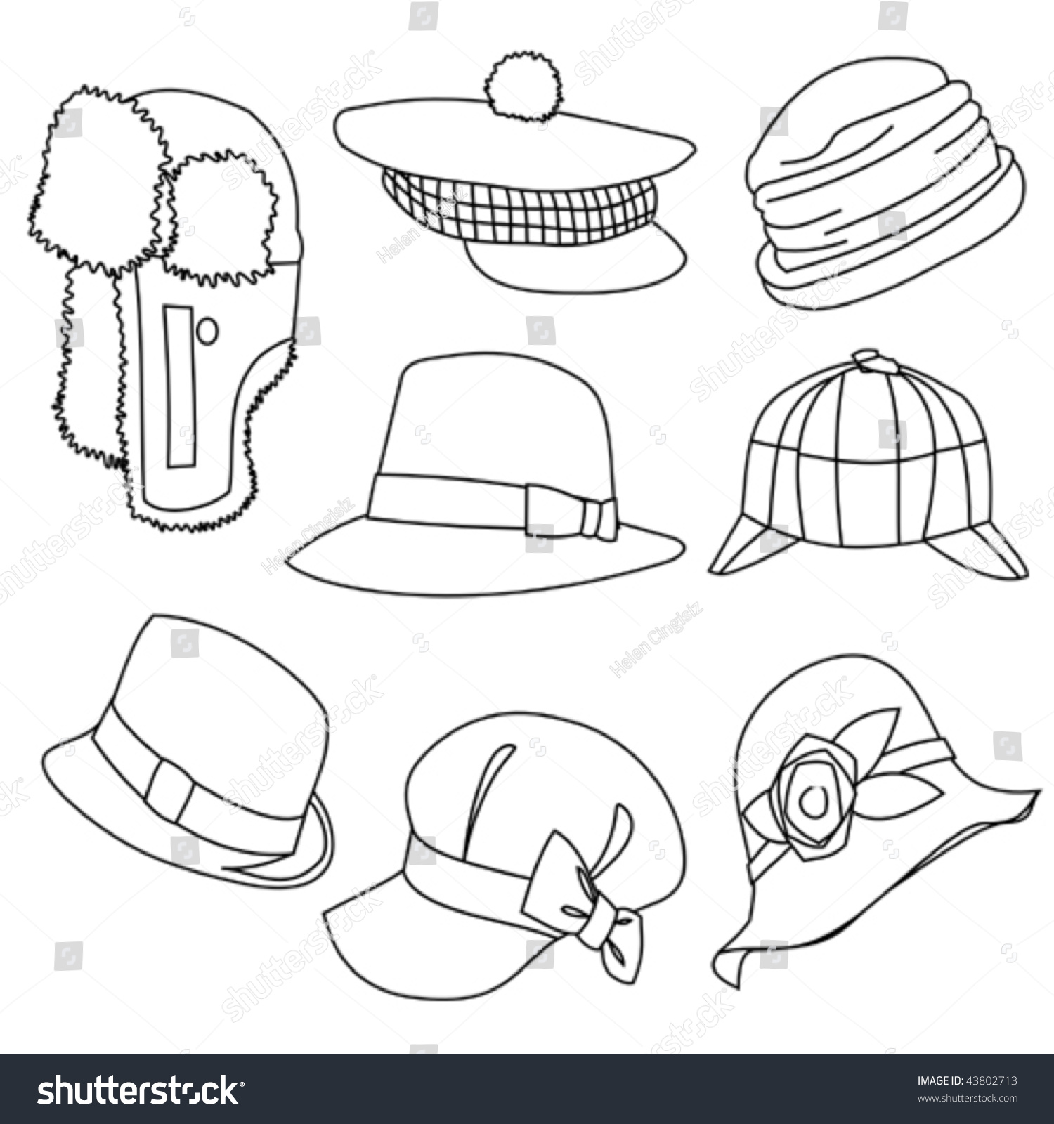 Lots Hats Line Style Drawing 02 Stock Vector (Royalty Free) 43802713