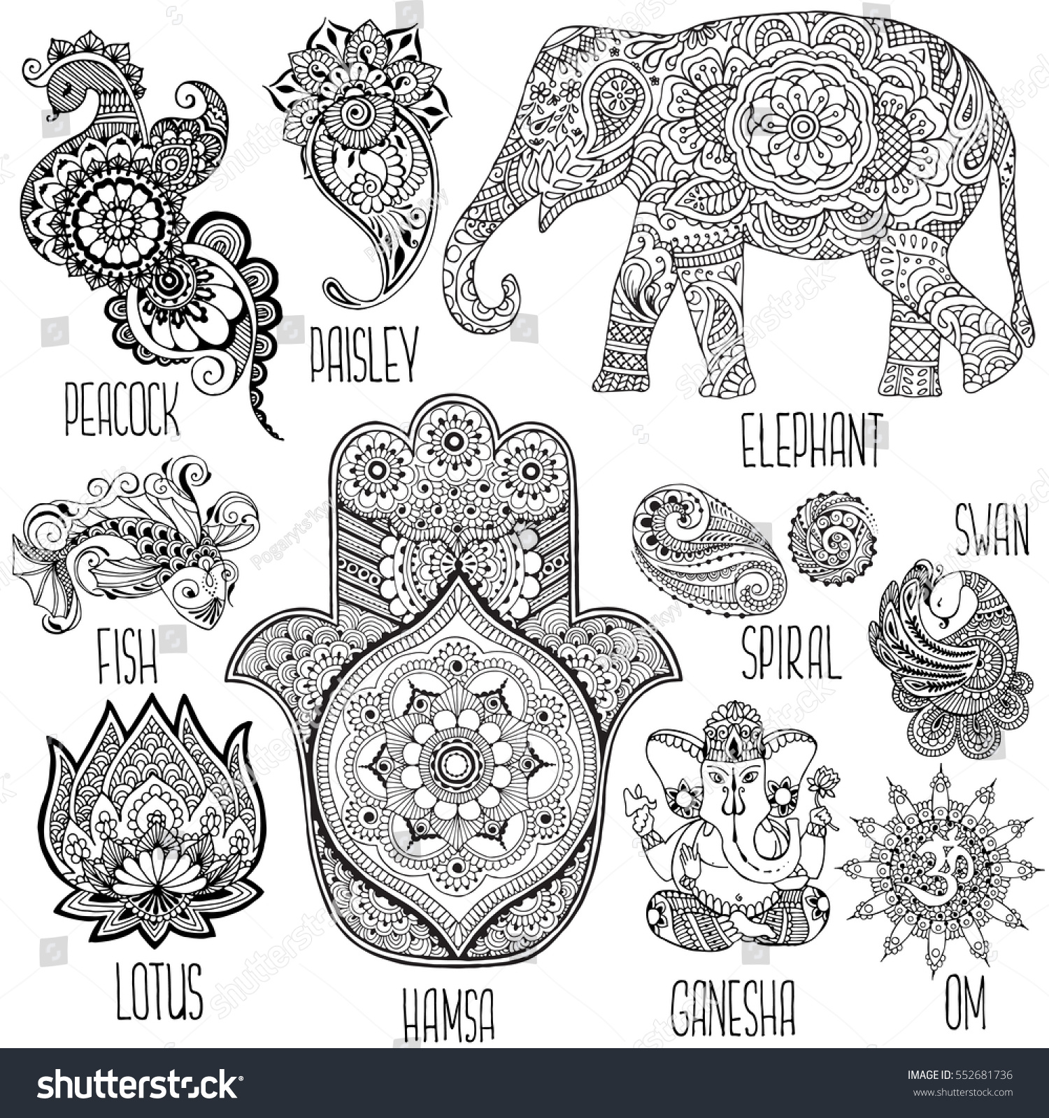 SVG of Lotus, hamsa, elephant, Ganesha and other symbols used in mihendi. svg