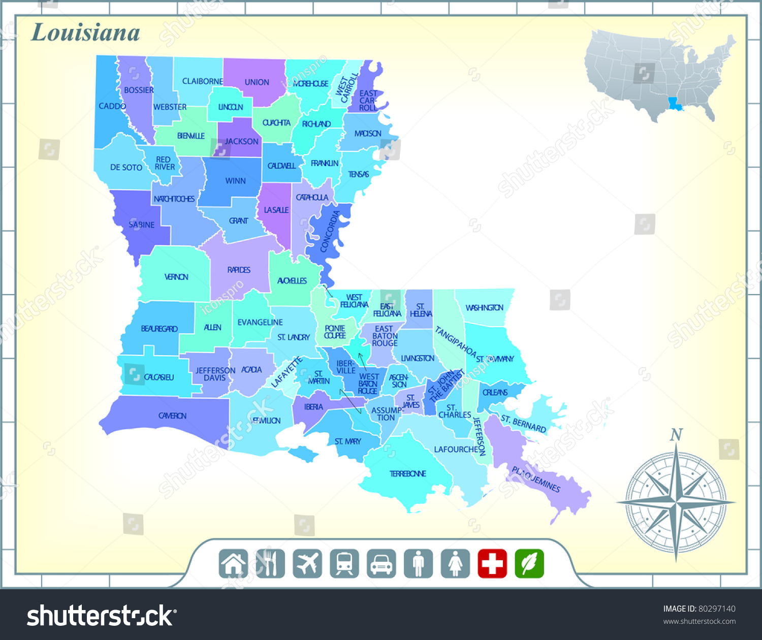 Louisiana State Map With Community Assistance And Activates Icons ...