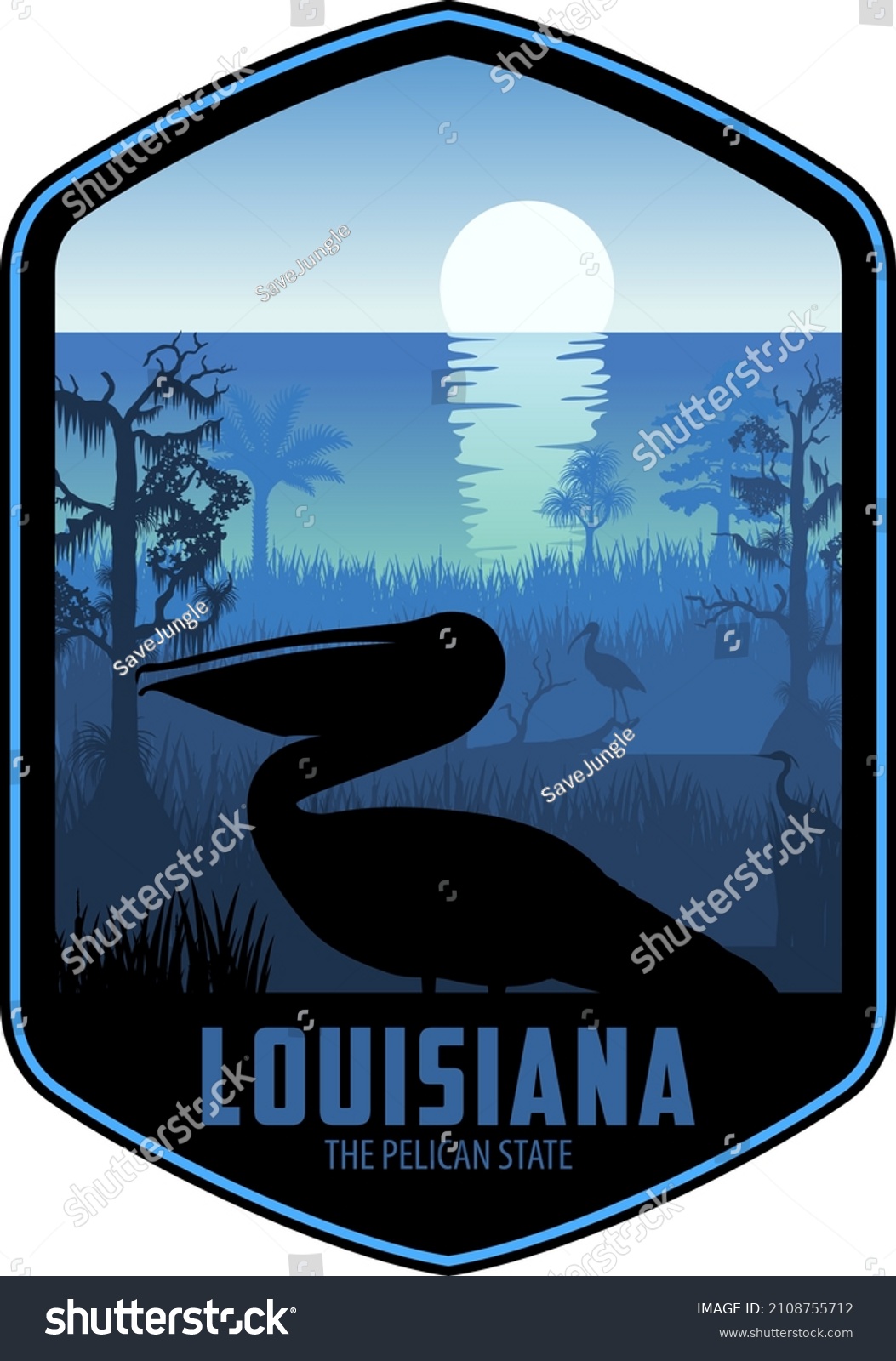 SVG of Louisiana vector label with brown pelican and swamp wetland sea coast svg