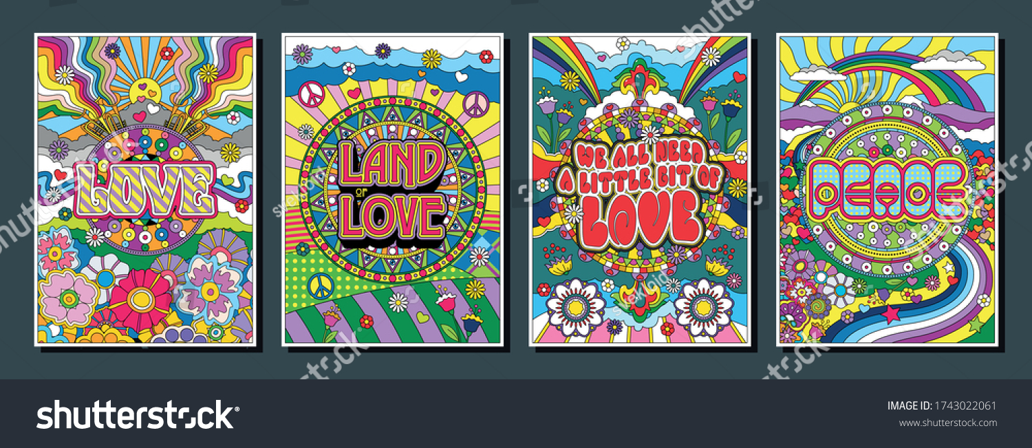 Love Peace Poster Set Hippie Style Stock Vector (Royalty Free) 1743022061