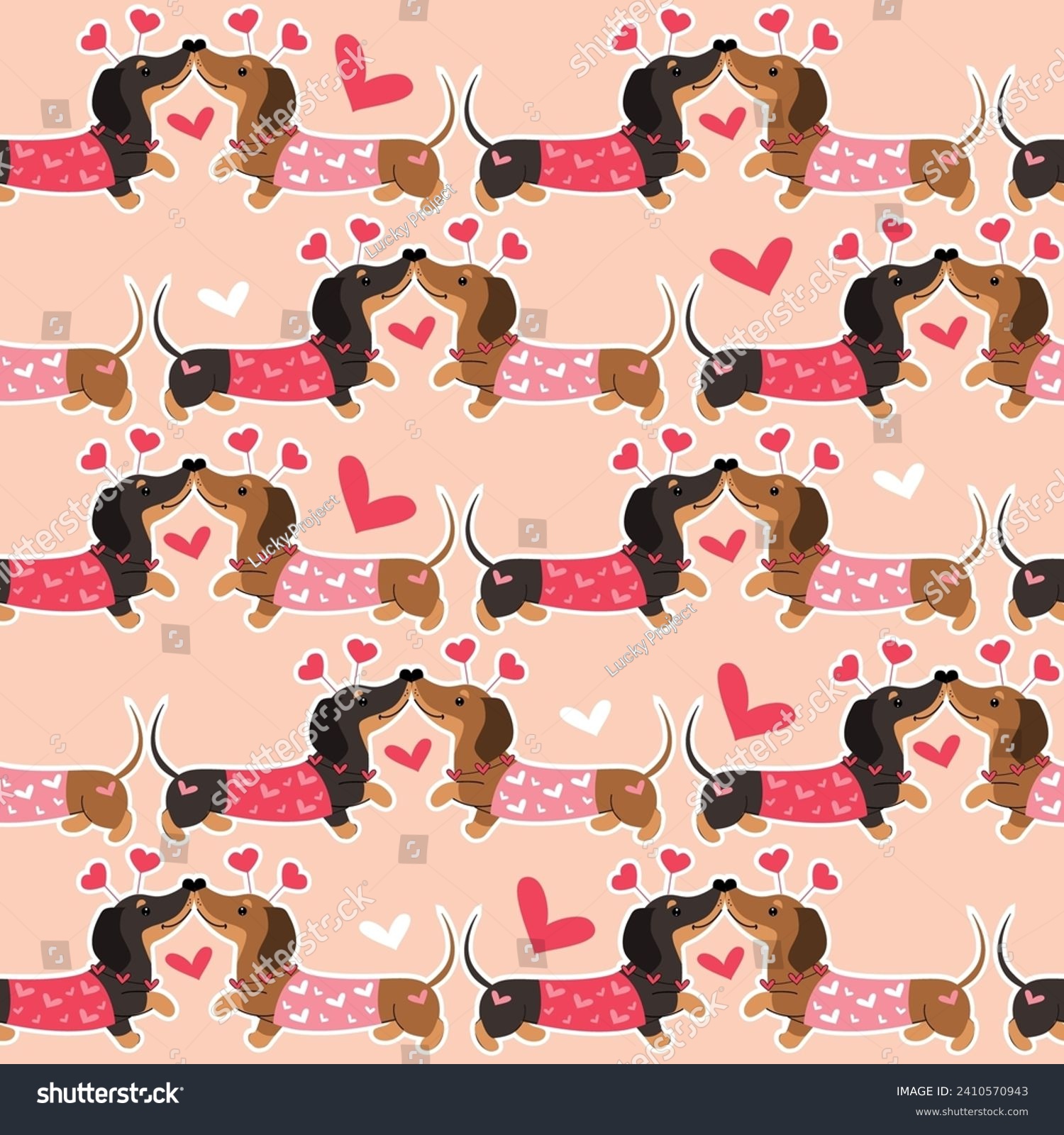 SVG of Love dachshund dogs and hearts on a pink background seamless pattern. Vector illustration doodle style. valentine's day card. Love animals svg
