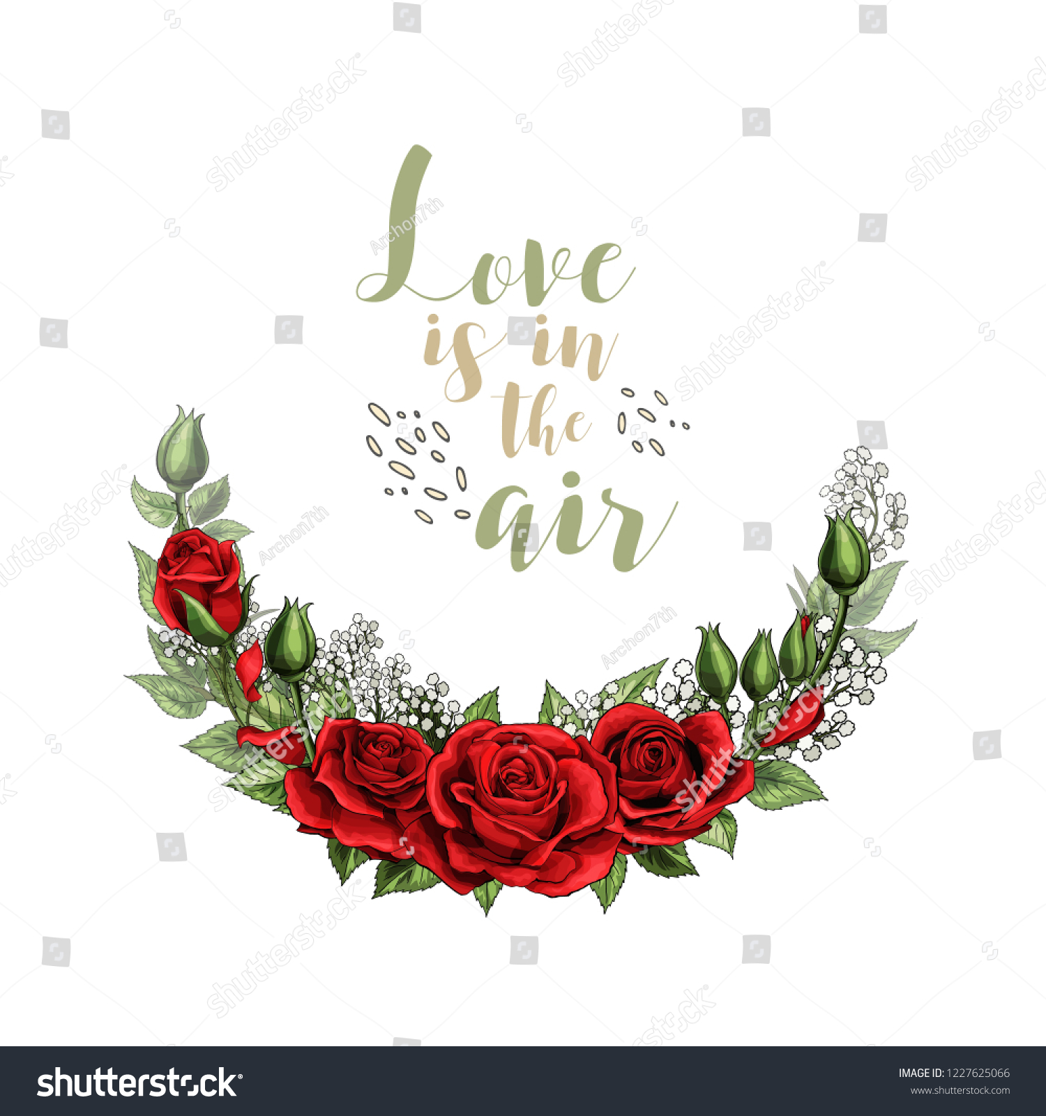 SVG of Love in air romantic postcard half wreath with red rose flowers and lettering vector template. Design holiday happy Valentines day greeting card. svg