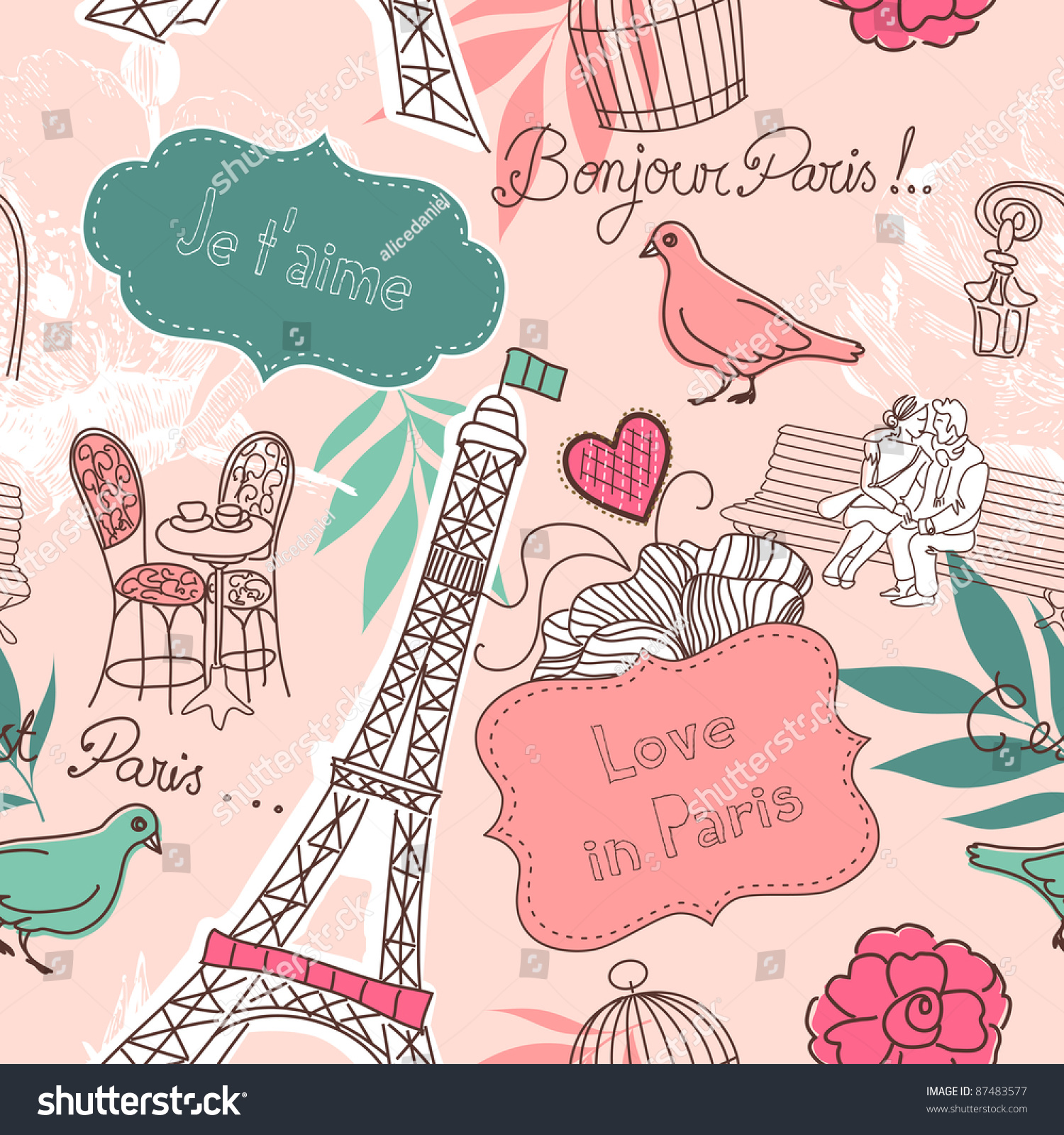 Love Paris Seamless Pattern Stock Vector 87483577 Shutterstock Gambar Kartun