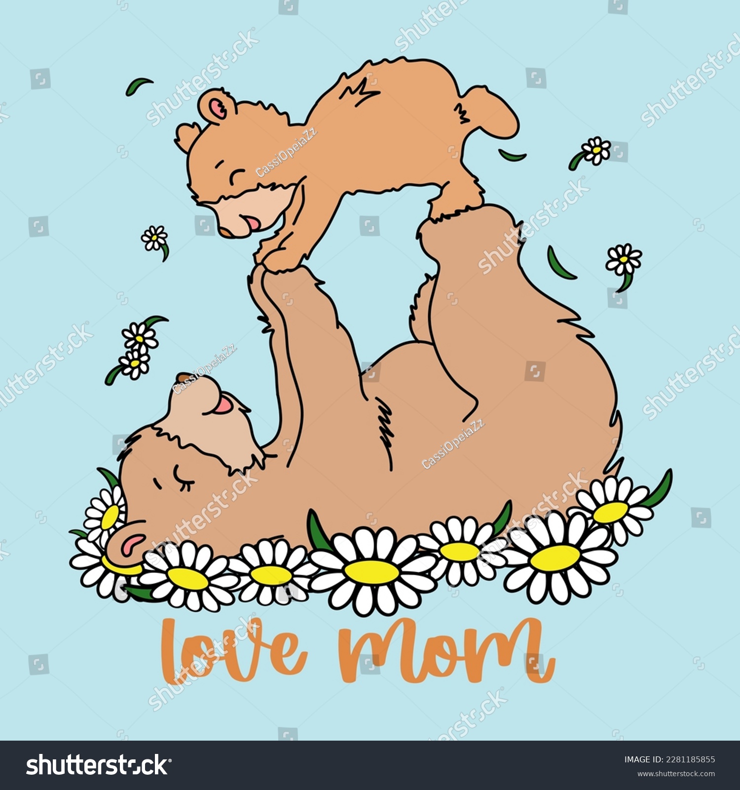 SVG of Love mom bear mother's day , mom bear and baby with Flowers on light blue background. EPS. File vector illustration character design baby bear with happy mom for mother day Doodle cute cartoon style svg