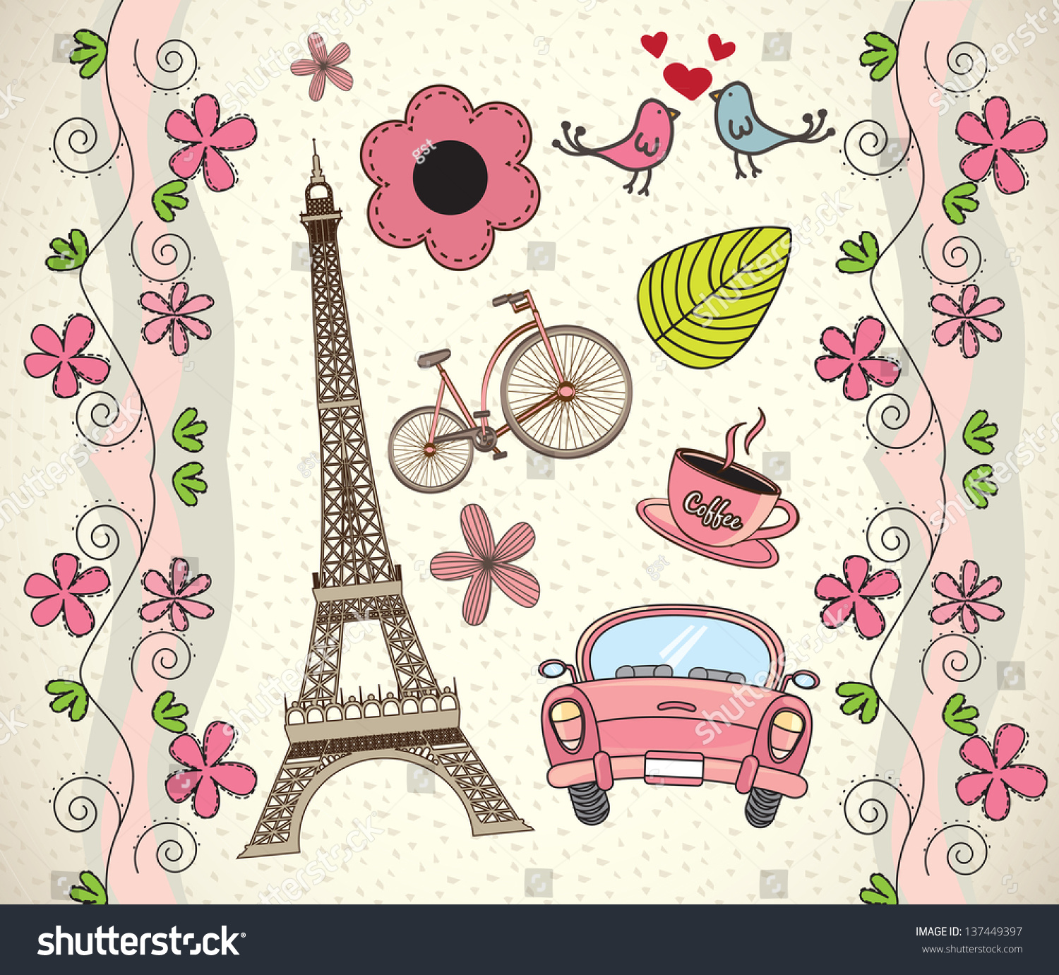 Love Paris Background Different Icons Vector Stock Vector 137449397
