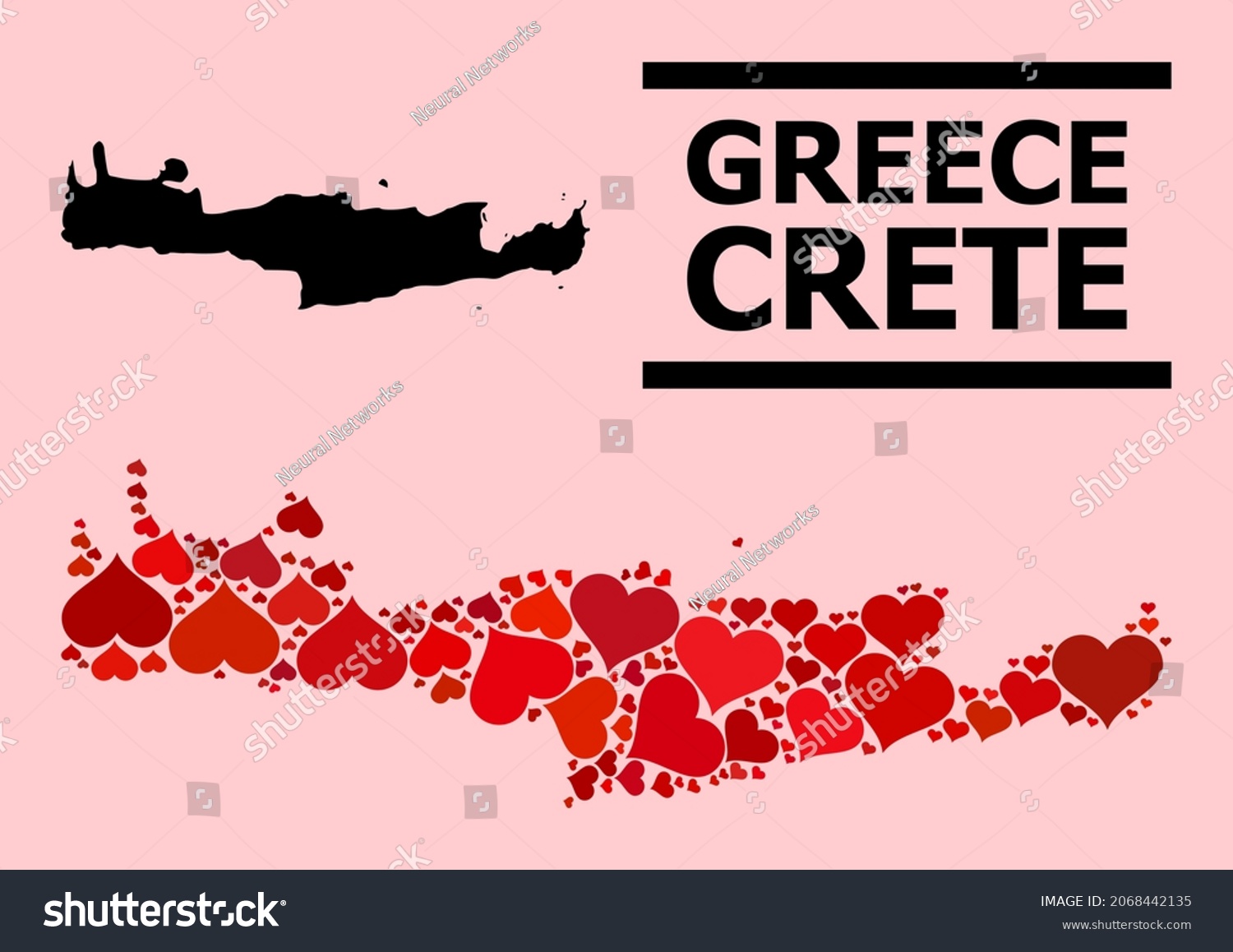 SVG of Love pattern and solid map of Crete Island on a pink background. Collage map of Crete Island designed with red love hearts. Vector flat illustration for love conceptual illustrations. svg