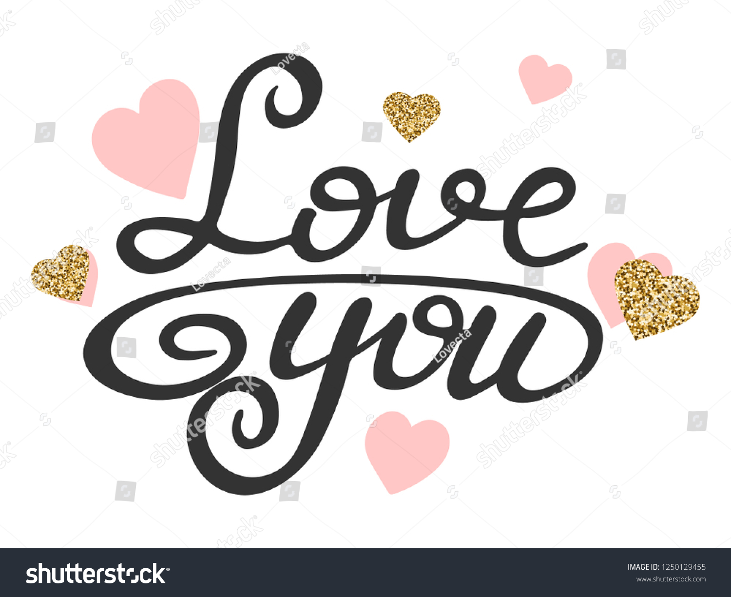 Love Text Glitter Gold Pink Hearts Stock Vector (Royalty Free) 1250129455