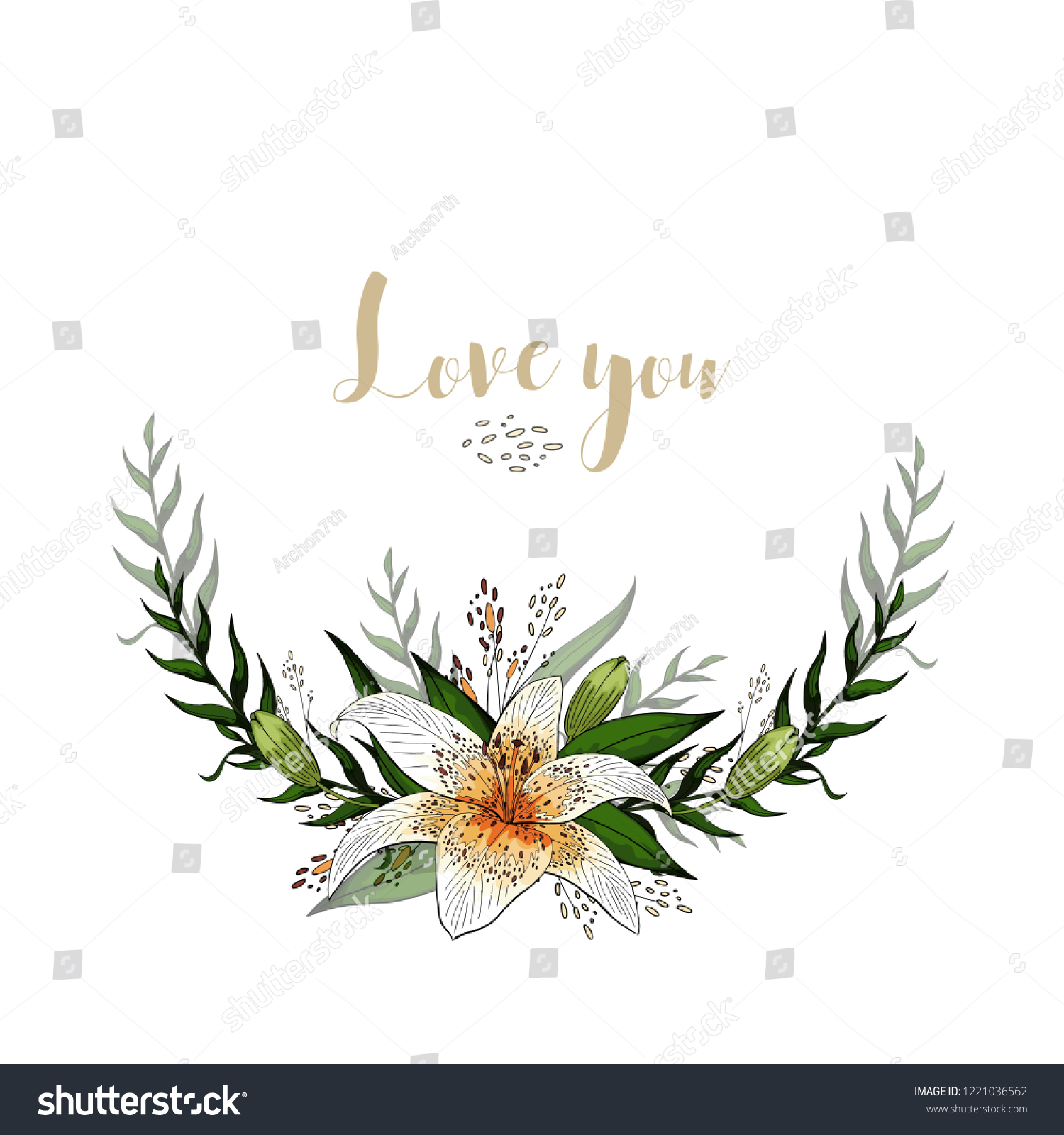 SVG of Love you romantic postcard half wreath with lily flowers and lettering vector template svg