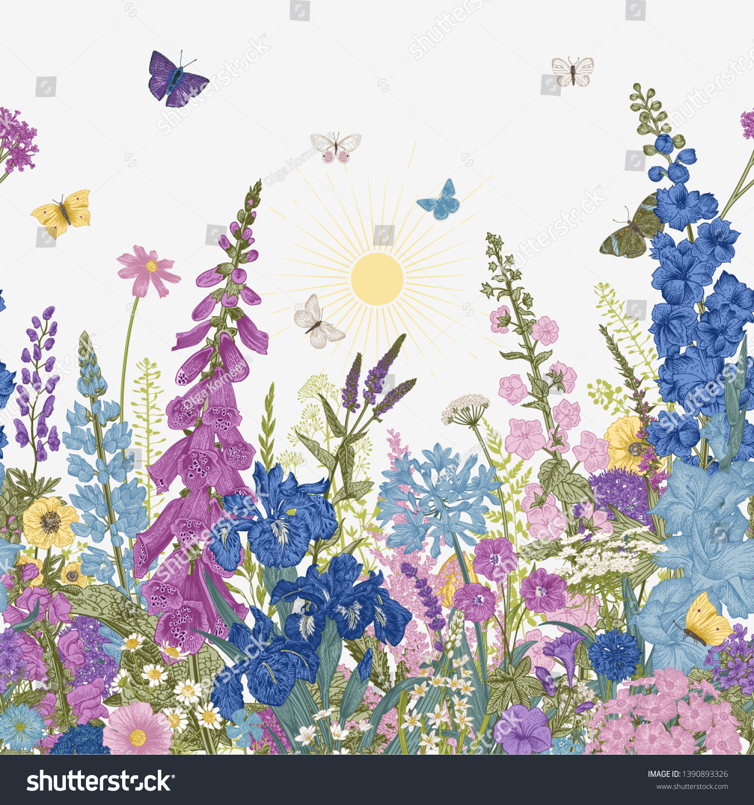 SVG of Lovely Garden. Border. Vintage illustration. Spring and summer garden flowers svg