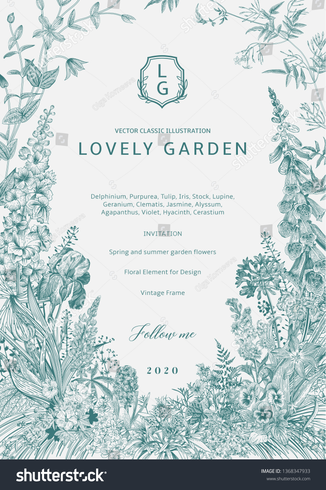 SVG of Lovely Garden. Vector invitation. Vintage frame. Spring and summer garden flowers. Emerald svg