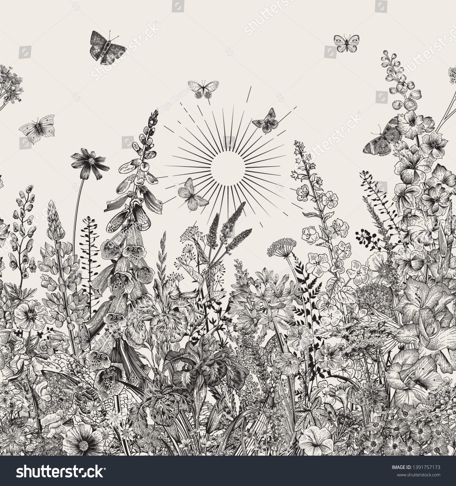 SVG of Lovely Garden. Vintage illustration. Spring and summer garden flowers. Black and white svg