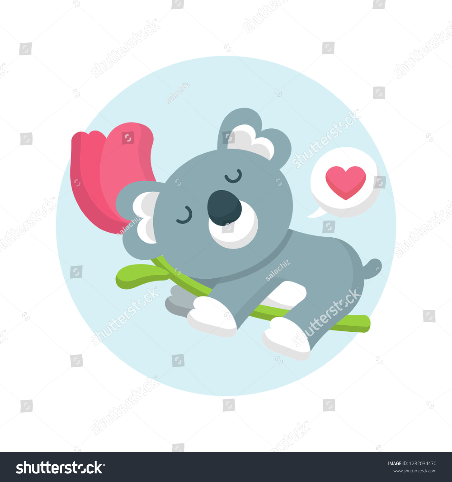愛らしいコアライラストのキャラクター かわいいコアラ が花を抱きしめる バレンタインカードのコンセプト バレンタイン動物のアイコン 平らなベクター画像スタイル のベクター画像素材 ロイヤリティフリー