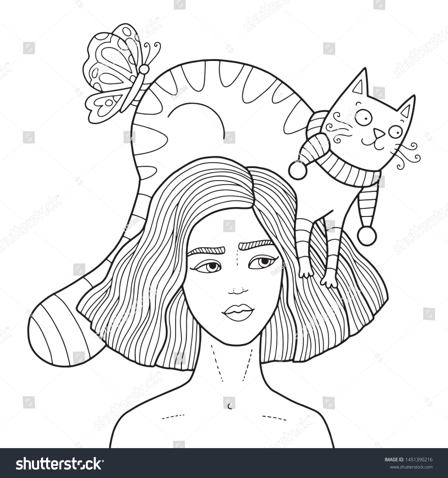 Lovely Outline Illustration Woman Cat Her Stock Vector Royalty Free 1451390216 Shutterstock