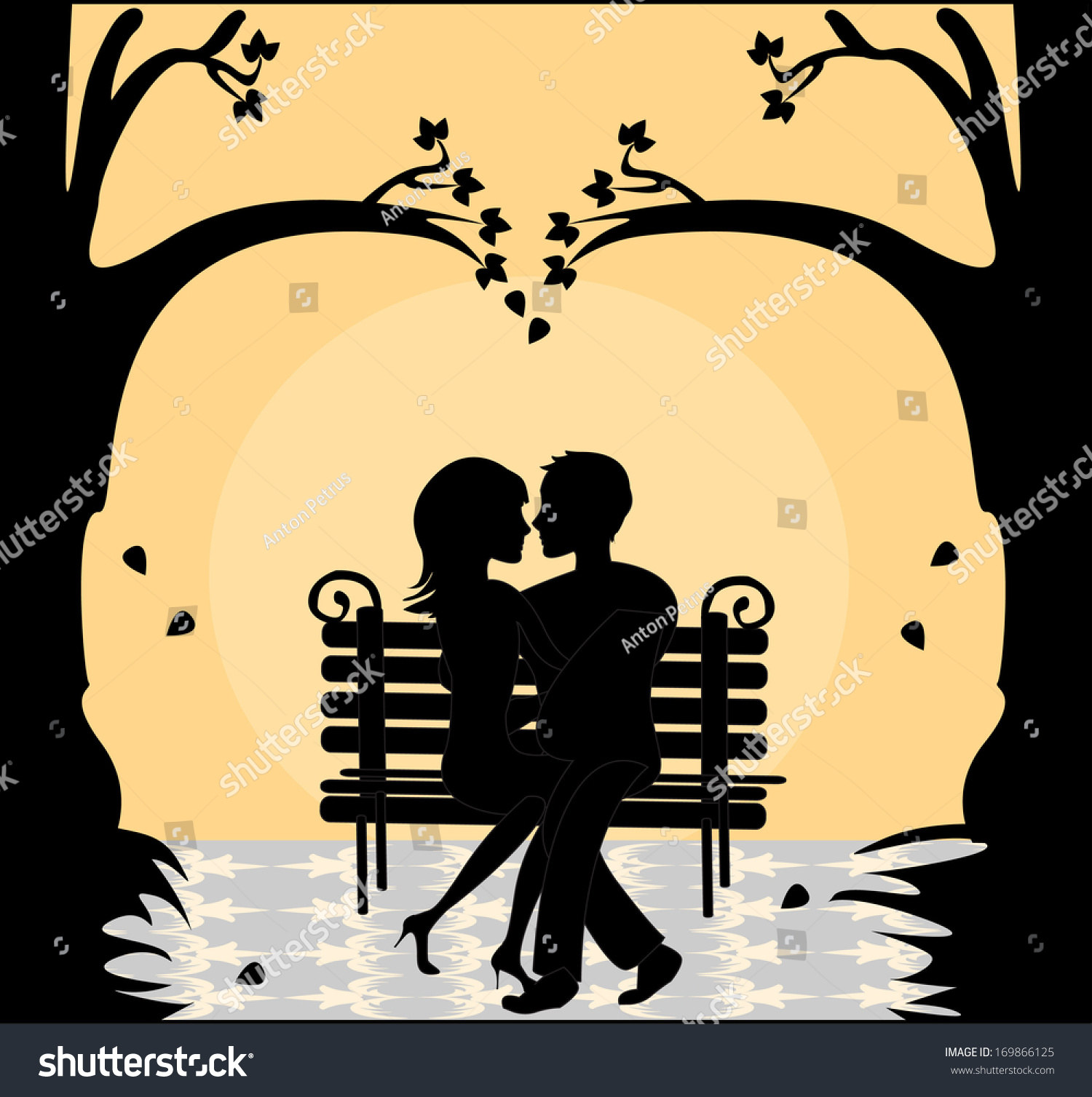 Lovers On The Bench In The Park Under The Trees At Sunset Stock Vector ...