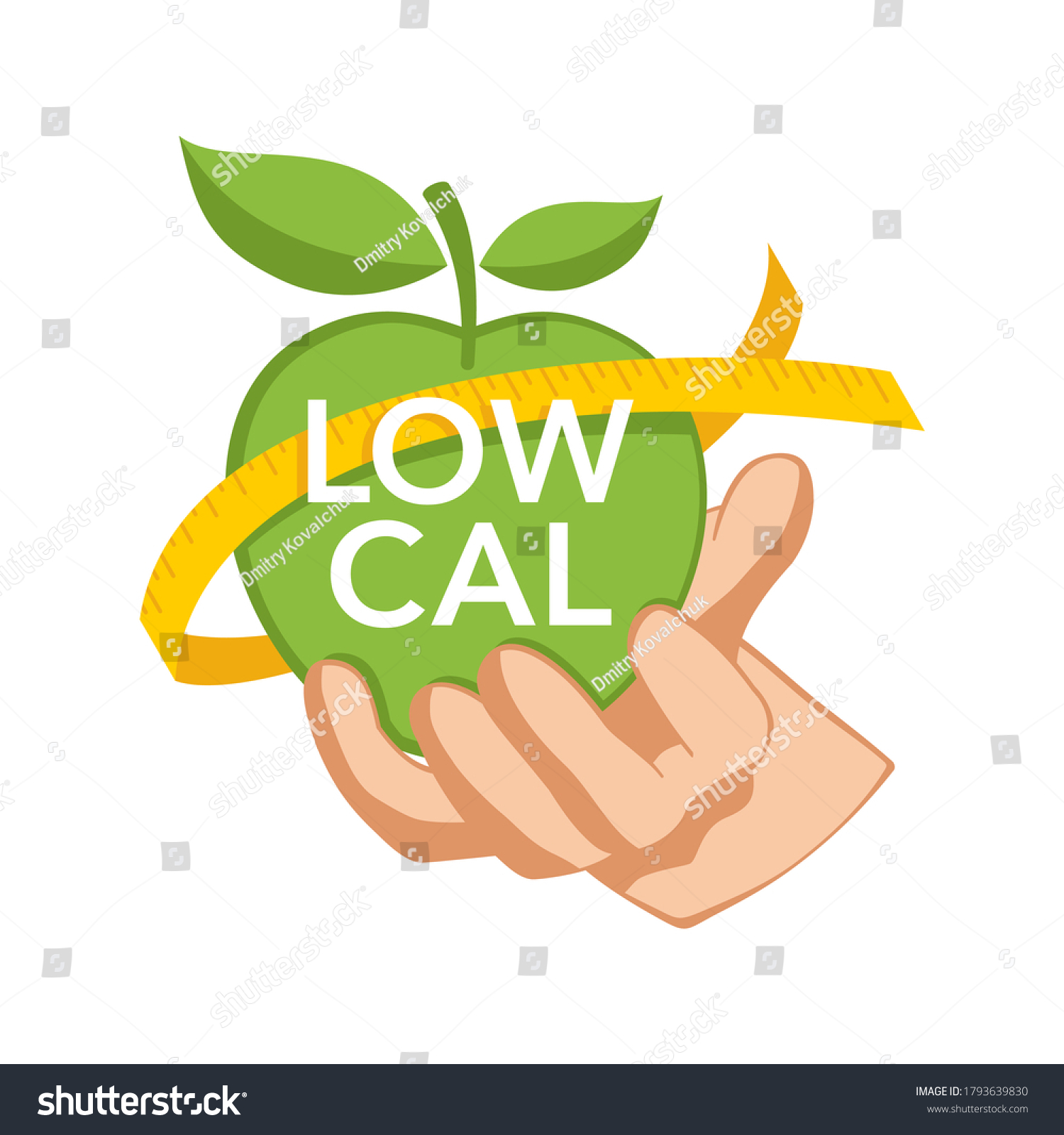 SVG of Low-Cal food icon - weight loss diet emblem with apple in hands and measuring tape svg