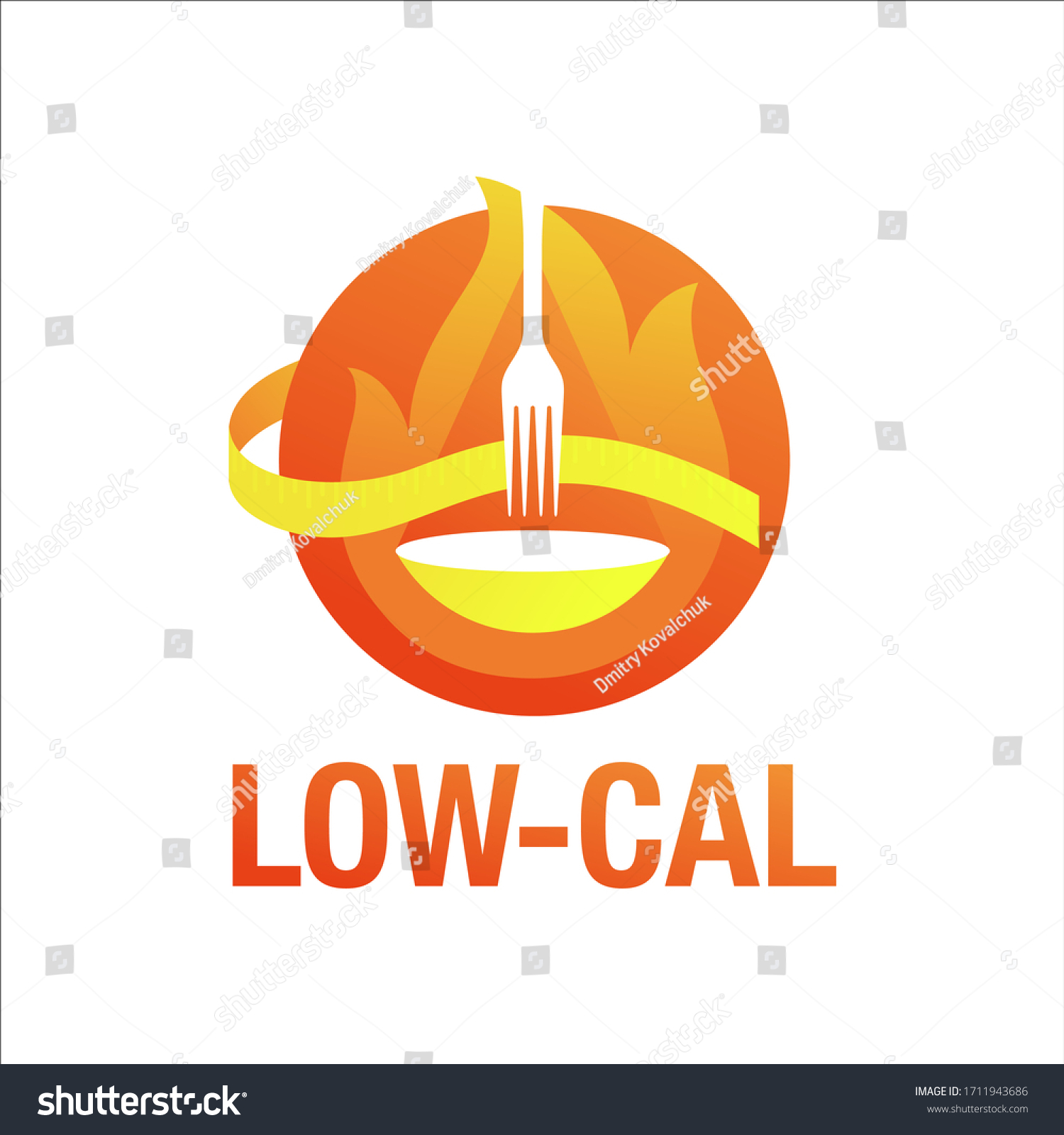SVG of Low cal icon - emblem for packaging of low calories diet food products - circular stamp with weight scales, burning fire and measuring tape around svg