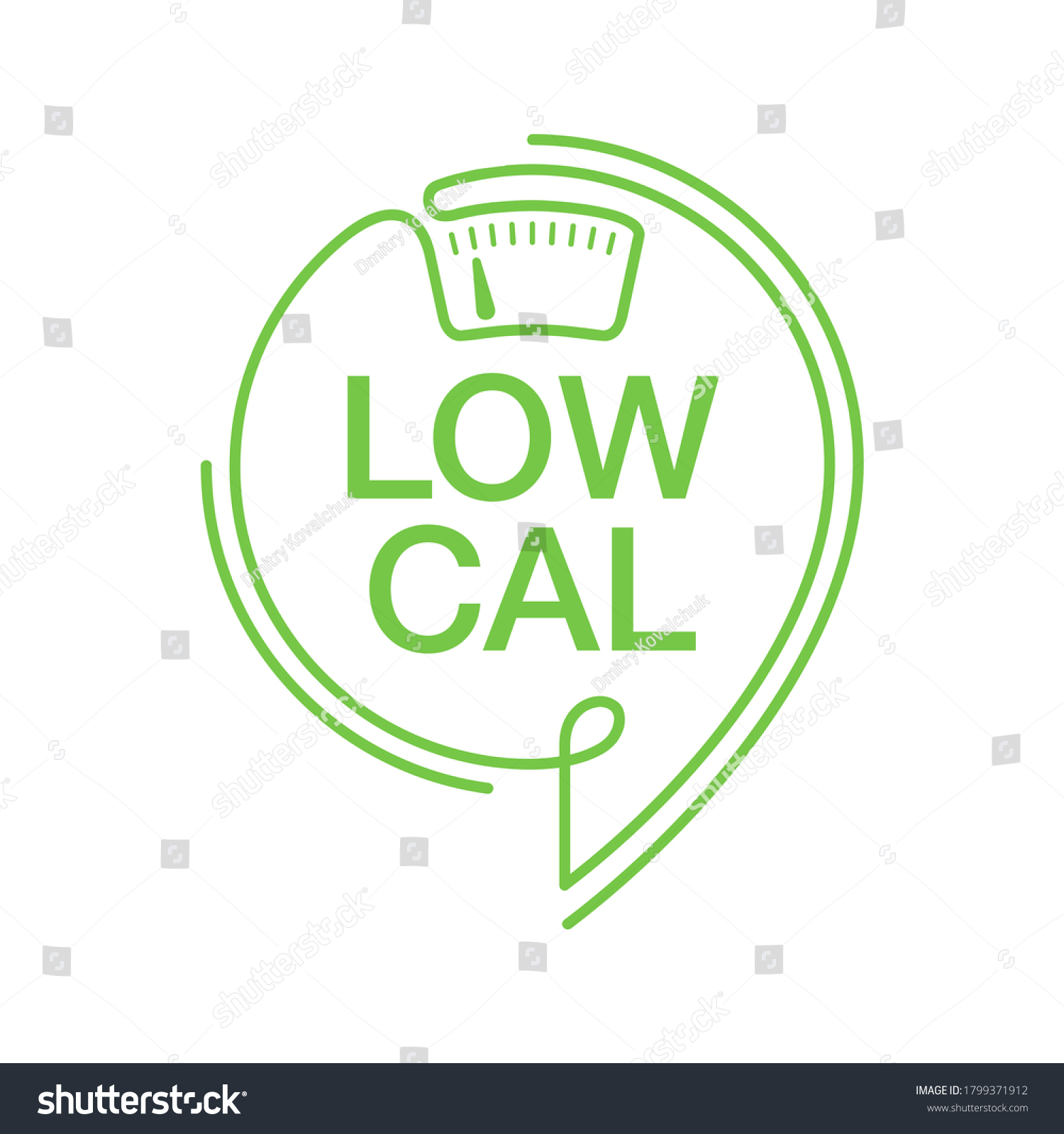 SVG of Low Cal stamp in thin line - combination of pin mark and weight scales - pictogram for dietary low-cal food products - isolated vector emblem svg