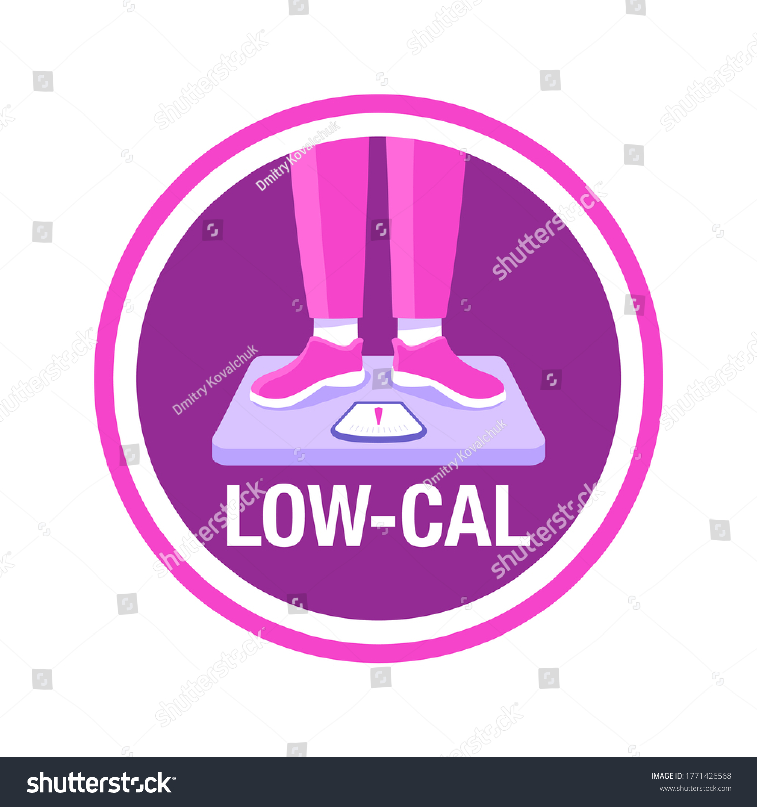 SVG of Low Cal stamp - pictogram for dietary low-cal food products -  woman standing on weight scalesisolated vector emblem svg