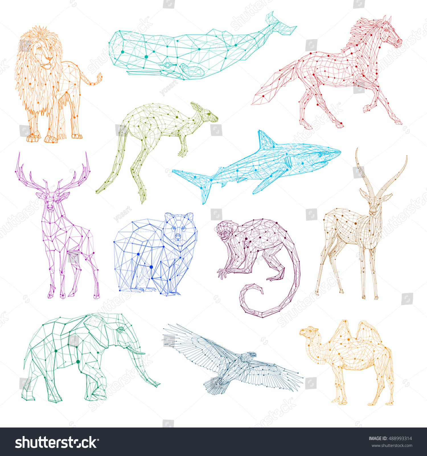 Low Poly Color Vector Animals Set Stylized Linear Wire Construction Concept Polygon Outline Isolated