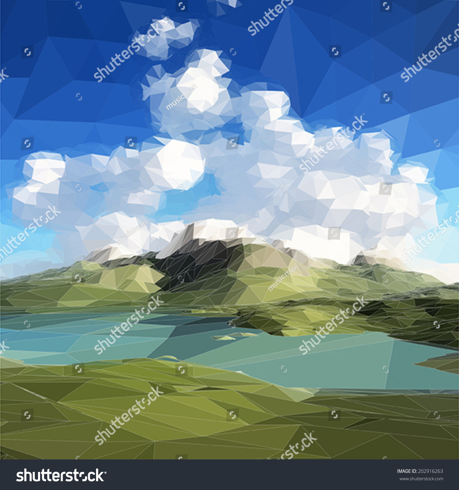 Low Poly Landscape Mountains Clouds Blue Stock Vector Royalty Free 202916263