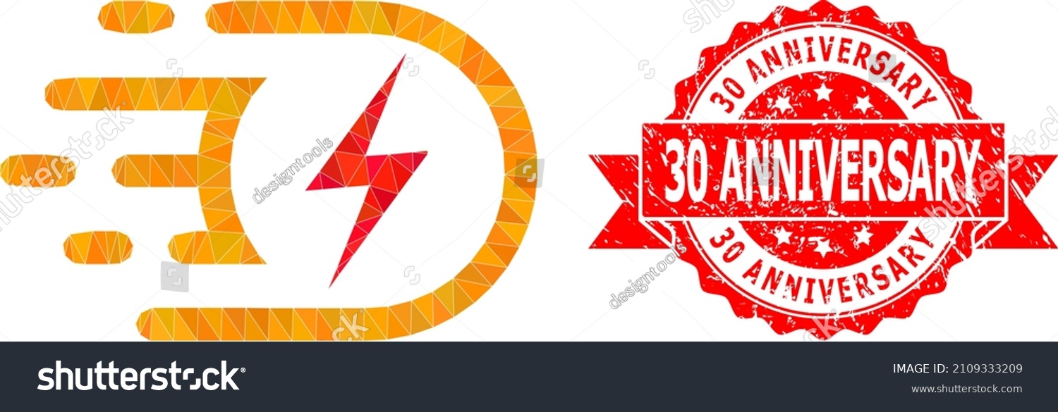 SVG of Low-Poly triangulated electric voltage icon illustration, and 30 Anniversary dirty seal. Red stamp has 30 Anniversary text inside ribbon. Vector electric voltage icon filled with triangles. svg